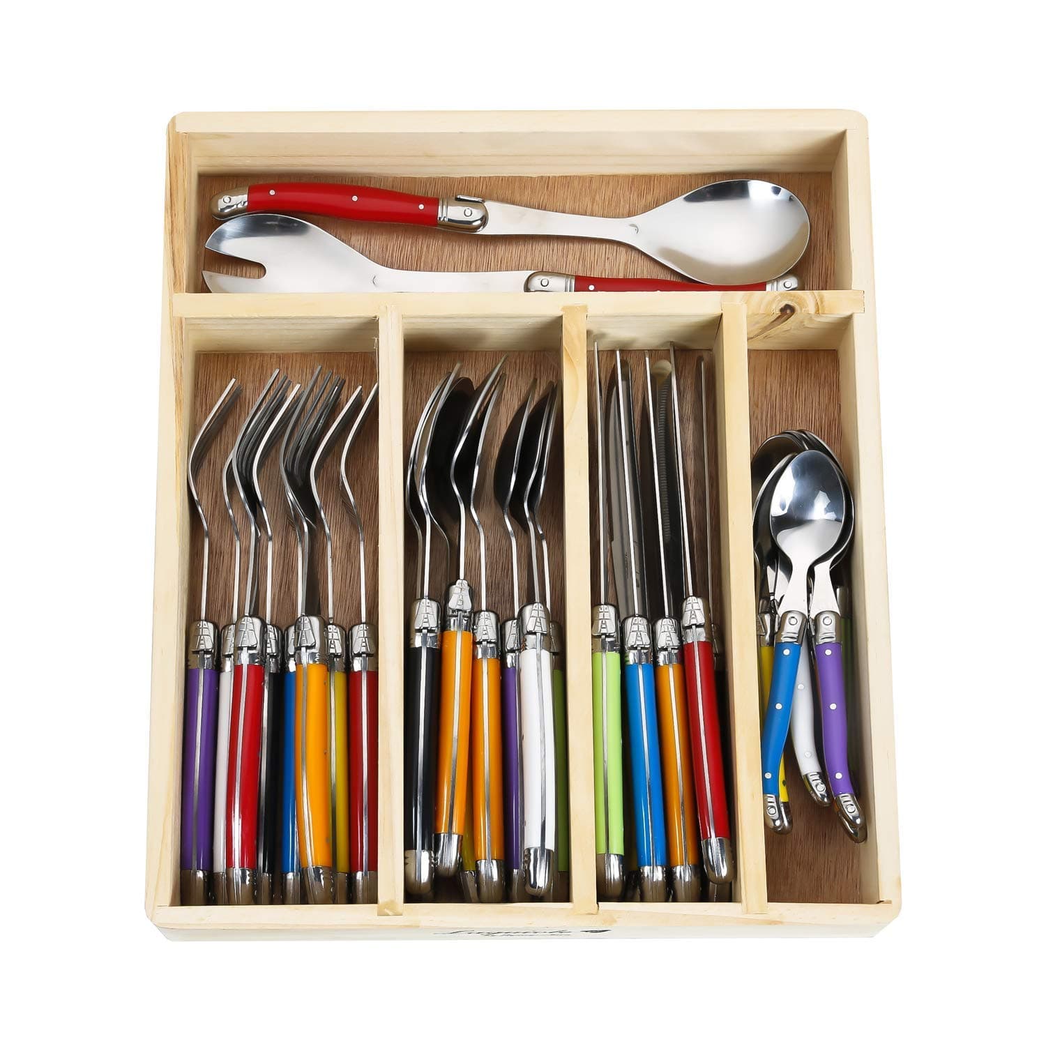 FlyingColors Laguiole Stainless Steel Flatware Set. Multicolor Handles, Wooden Storage Box, 34 Pieces