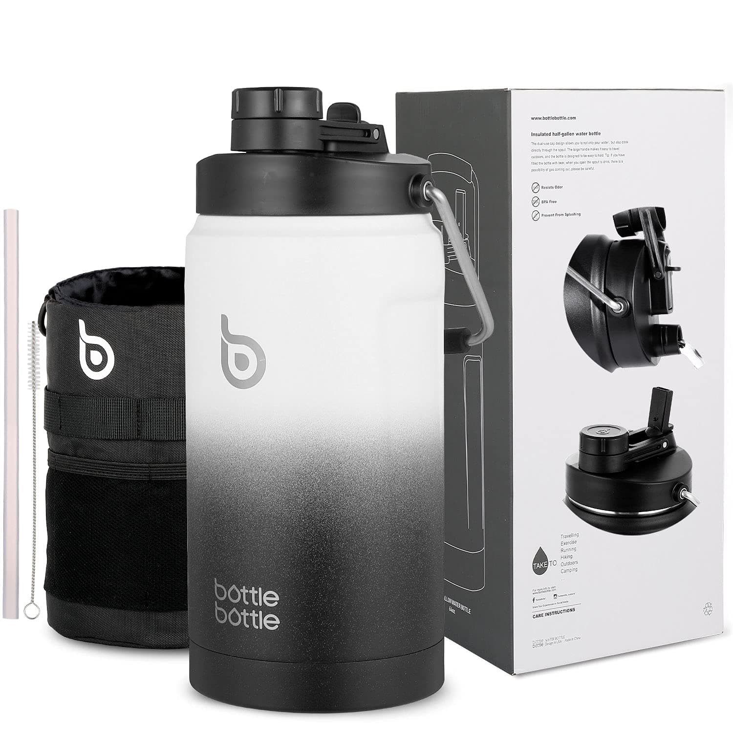 BOTTLE BOTTLE Insulated Water Bottle 64 oz with Straw and Dual-use Lid Half Gallon Water Jug¬†Vacuum Stainless Steel for Workout and Sports¬†Insulated Beer Growler with HandleÔºàWhite BlackÔºâ