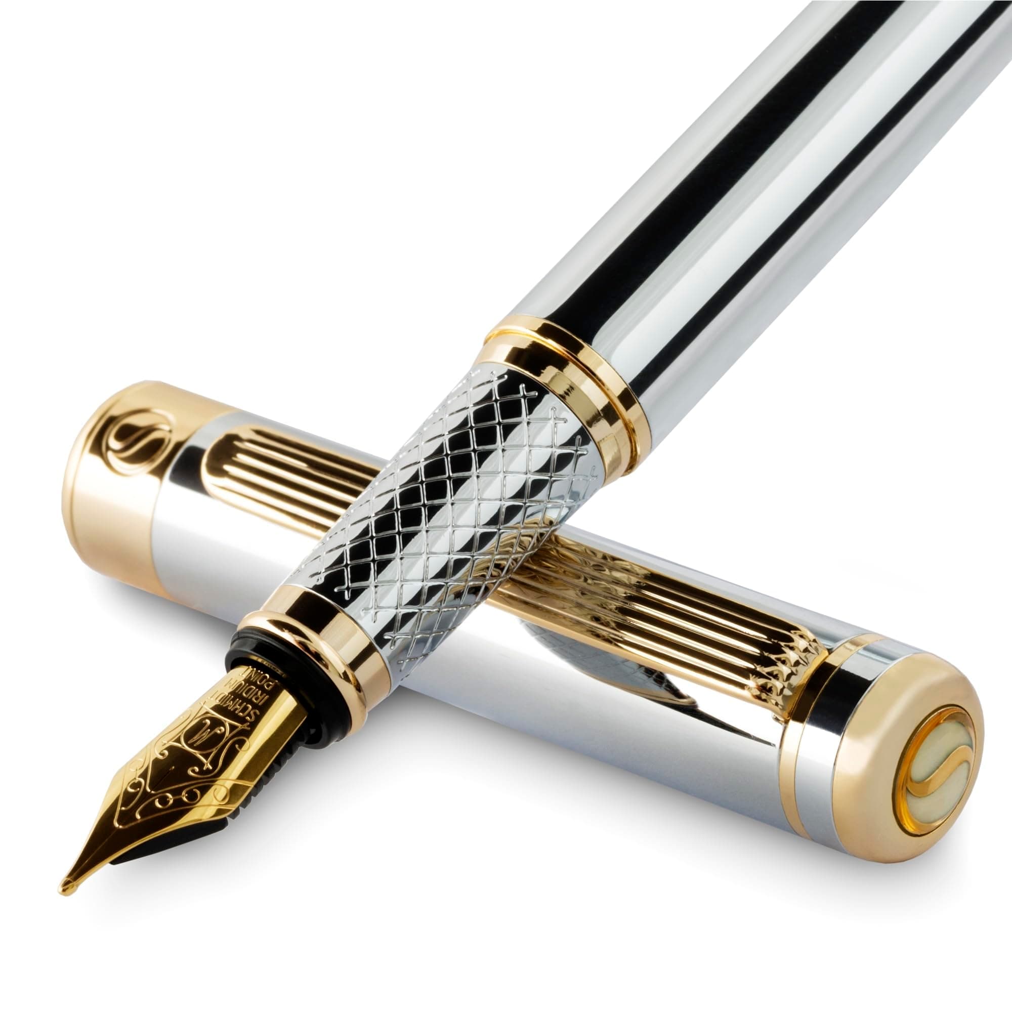 Scriveiner Chrome Silver Fountain Pen - Stunning Pen with 24K Gold Finish, 18K Schmidt Nib (Medium), Ideal Gift Set for Men and Women, Professional, Director, Office, Beautiful Pen
