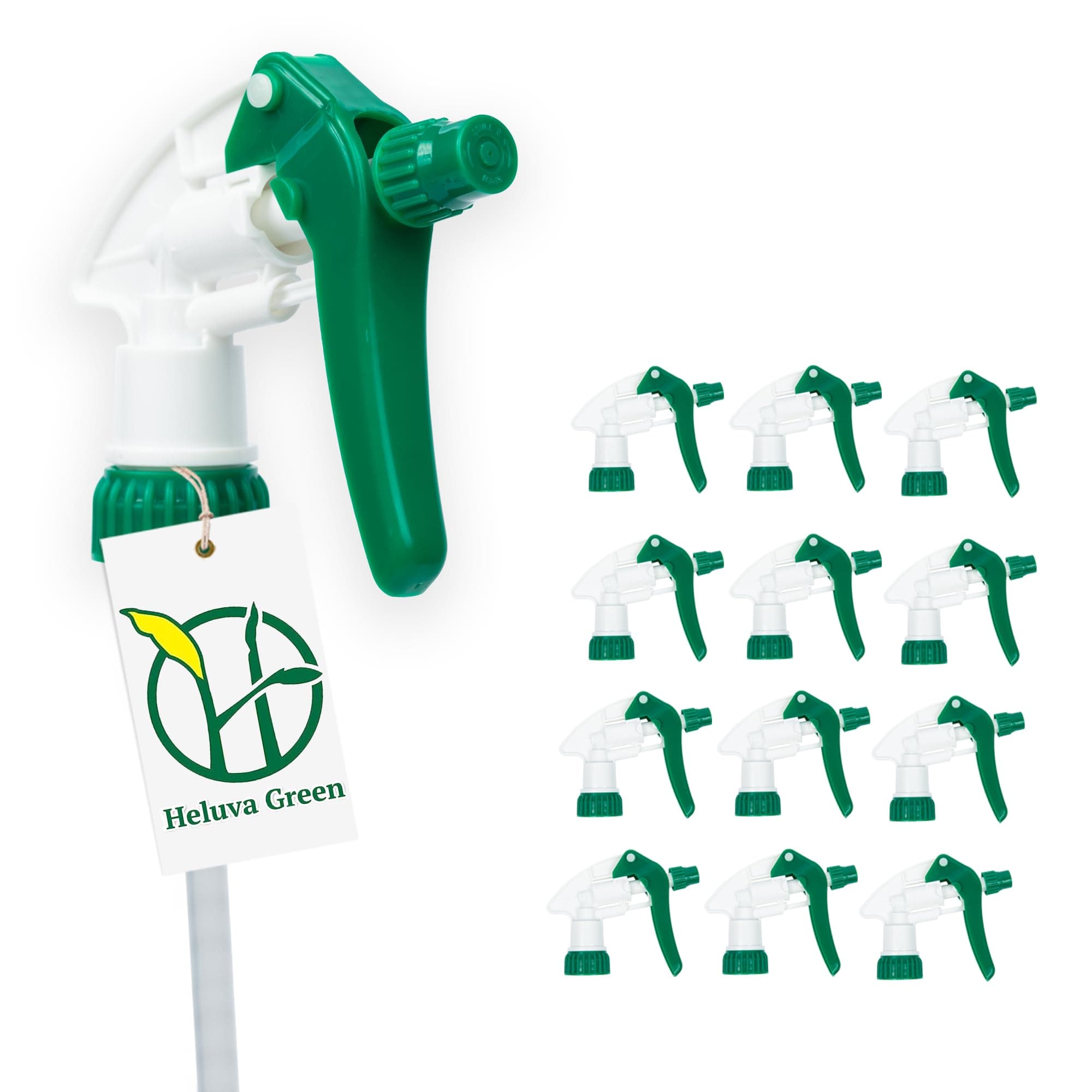 Heluva Green Spray Bottle Nozzle Replacement, Bottle Tops Only - Sprayer Nozzle Triggers for Heavy Duty, Commercial, Home Cleaning Solutions - Fits 8,16,24,32 oz Plastic & Glass Bottles, Green 13 pack
