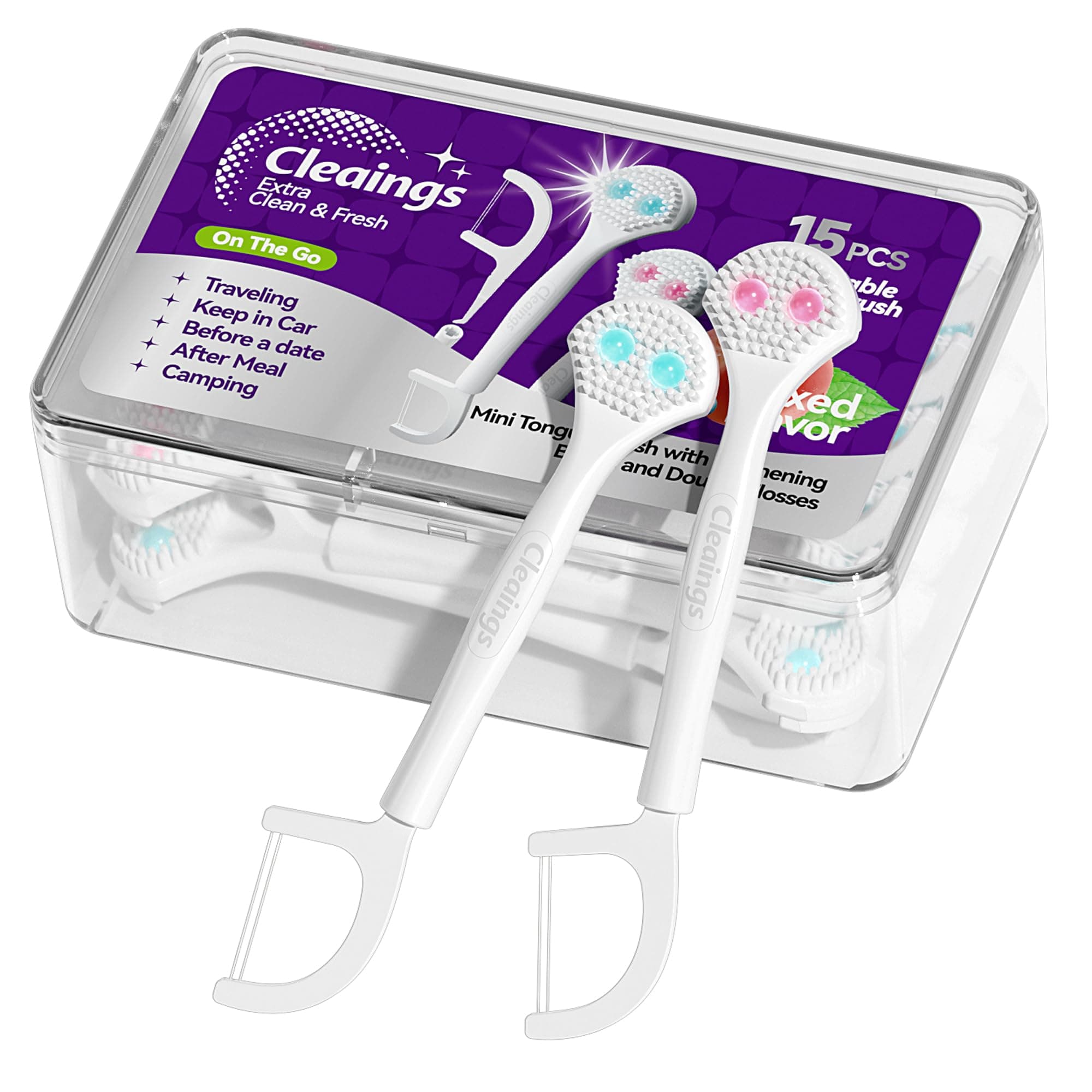 cleaings® 15Pcs Mini Disposable Tongue Brushes with Cleaning Paste Beads and Floss Picks, Tongue Cleaners, Reduce Bad Breath, Tongue Scraper-Mix Flavor (Pack of 1)