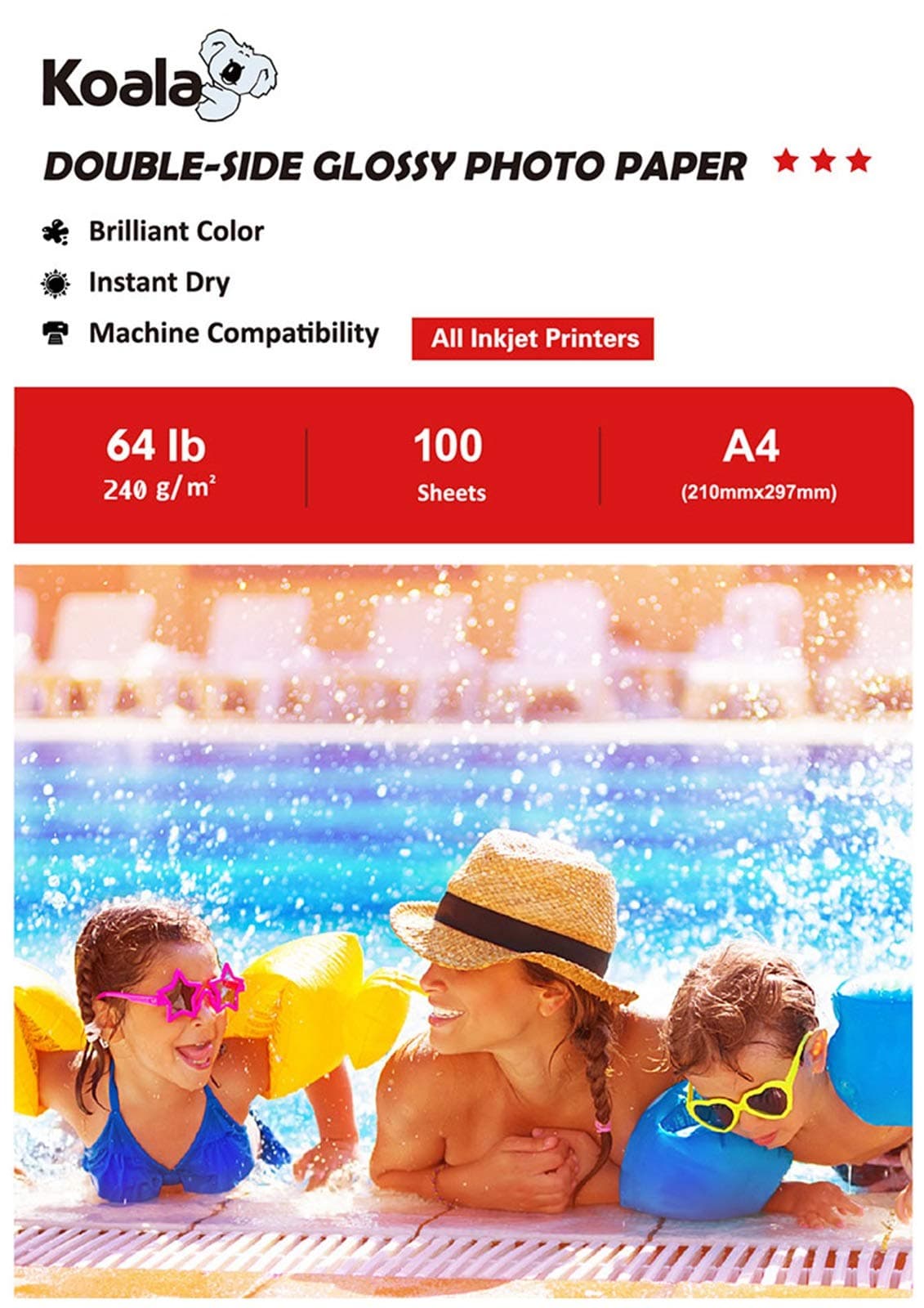 KOALA Double Sided Glossy Inkjet Photo Paper A4, 240gsm, 100 Sheets for Inkjet Printers. Suitable for printing Photos, Brochures, Covers, Certificates, Booklets, Flyers, Leaflets, Cards, Calendars