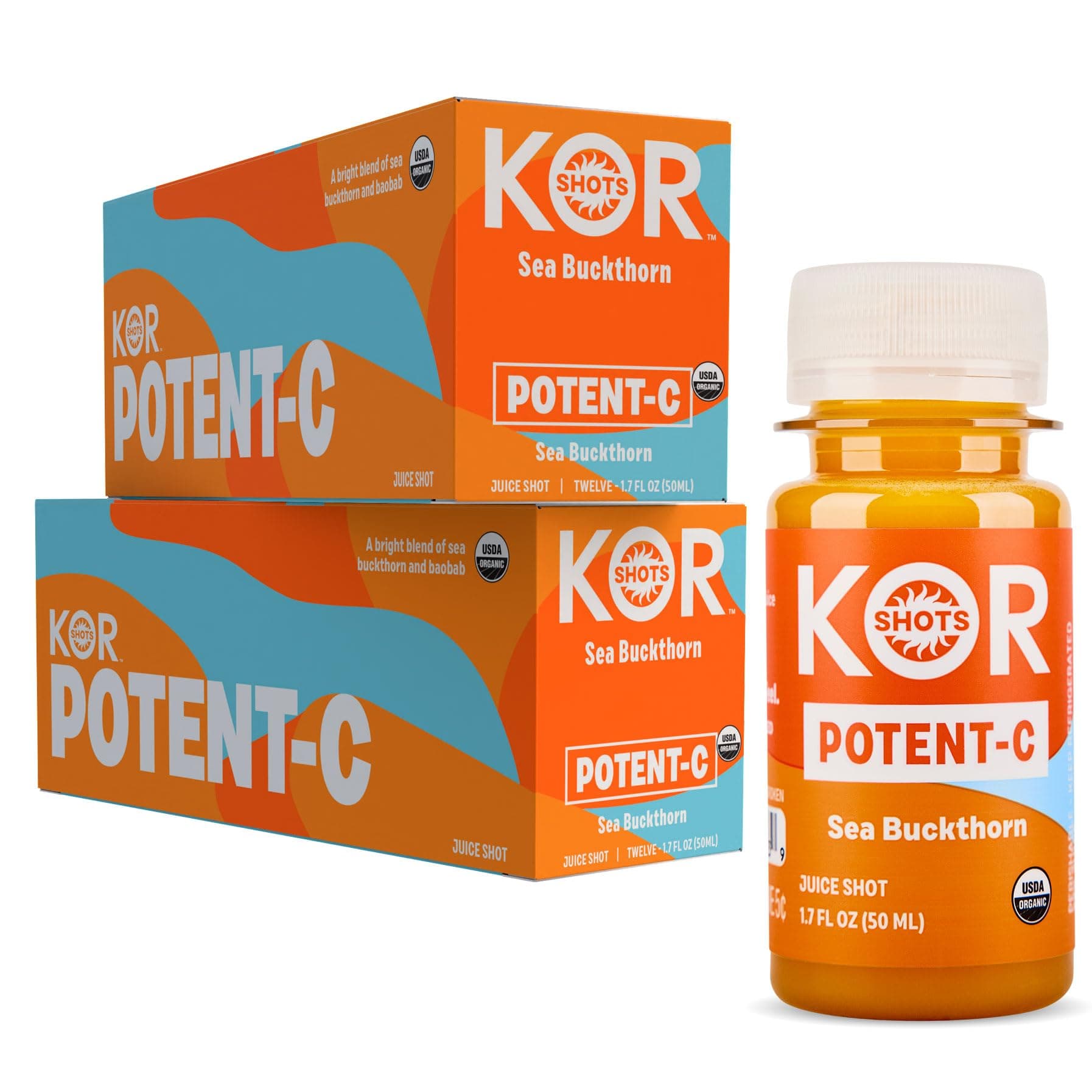 KOR Shots Sea Buckthorn and Baobab Shot - 12 Pack x 1.7 Fl Oz - Potent C - Superfoods Vitamin C Shot - USDA Certified Organic