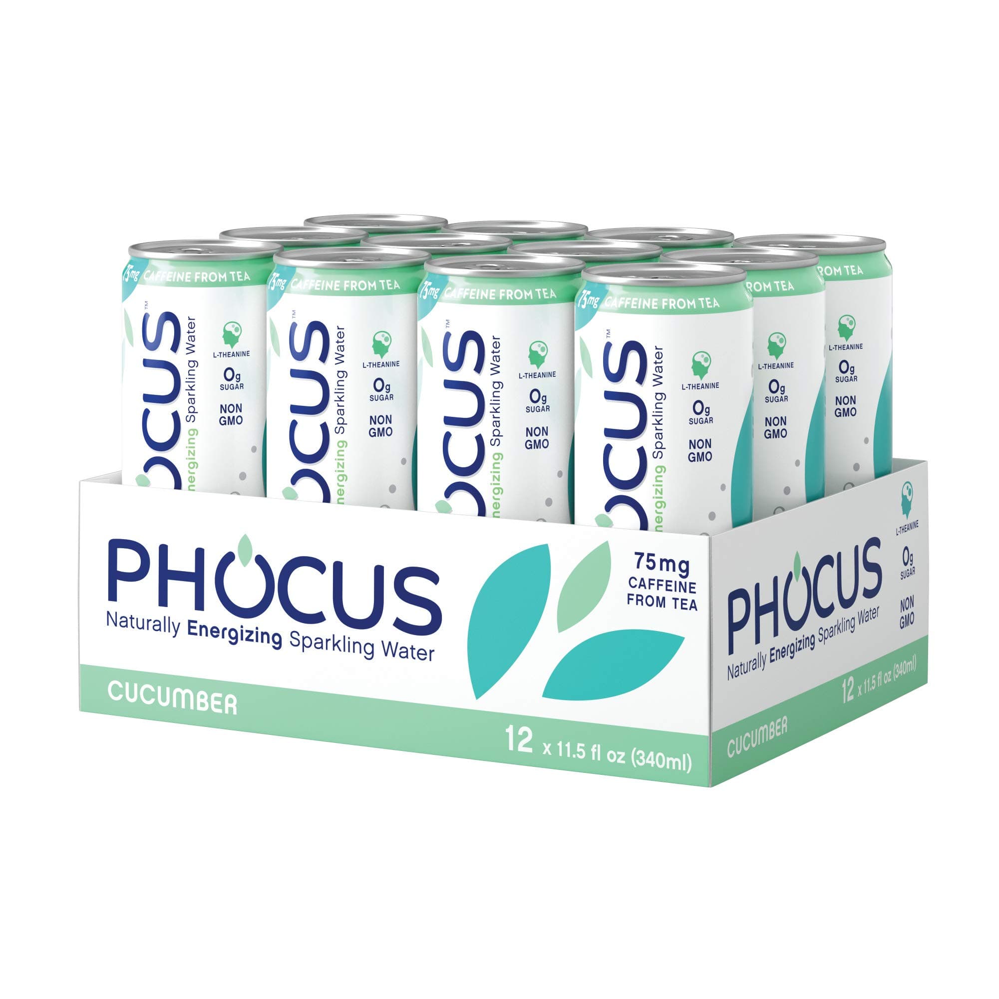 Phocus Caffeinated Sparkling Water - Clean Energy with Caffeine + L-Theanine Cucumber - 0 Sugars, Calories or Carbs - Non GMO, Whole 30, Keto, Vegan, Kosher - 11.5 Fl Oz. (12 Pack)