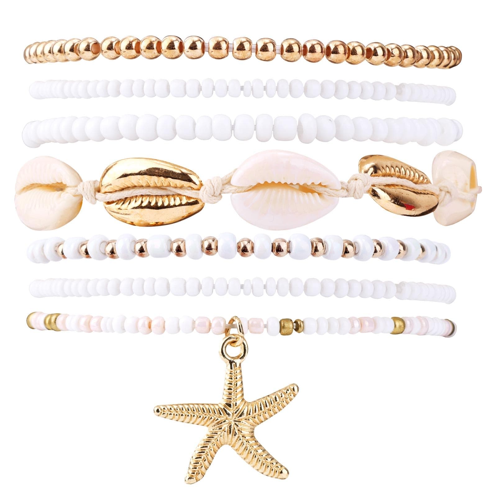 7pcs Summer Beach Bracelets for Women, Stackable Shell Seashell Starfish Beaded Surfer Bracelets Set Boho Seaside Holiday Vacation Party Friendship Jewelry Gift