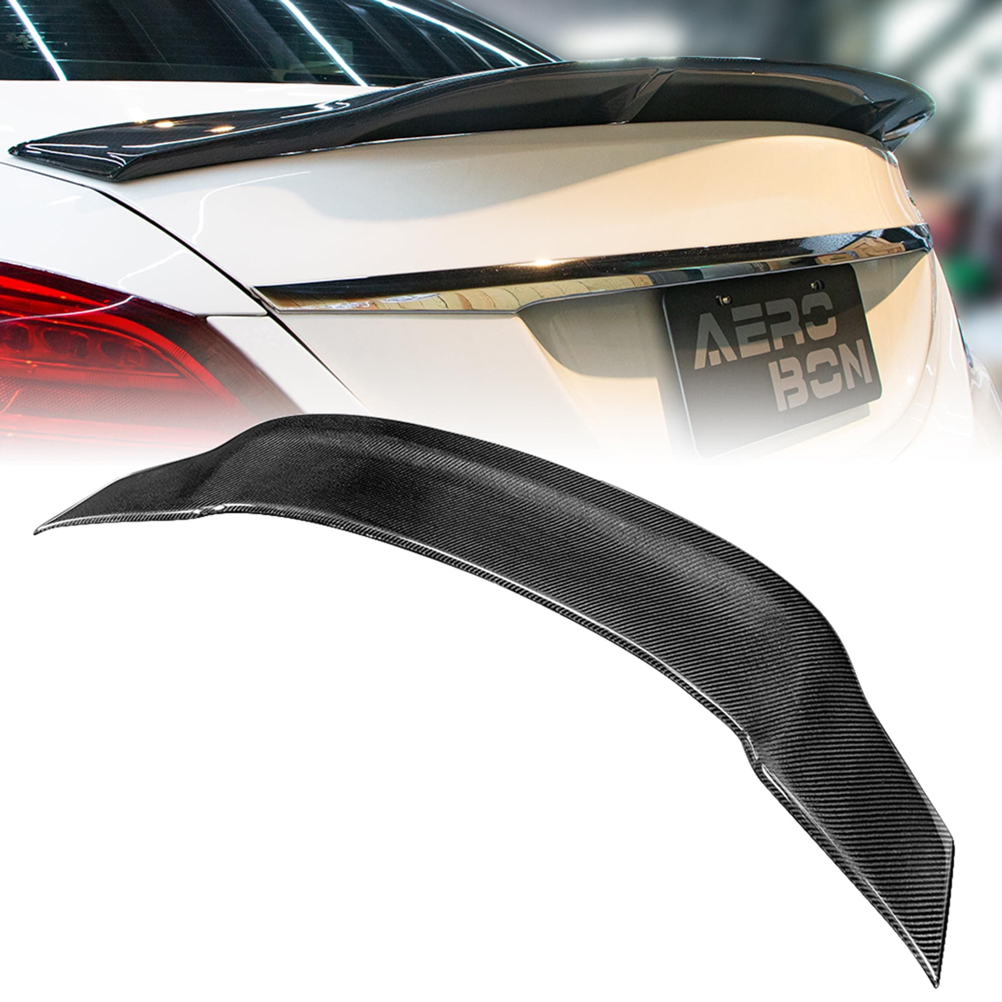 AeroBon Real Carbon Fiber Trunk Spoiler Compatible with 2015-2021 Mercedes C Class W205 Sedan Rear Spoiler (R Style) Race Tail