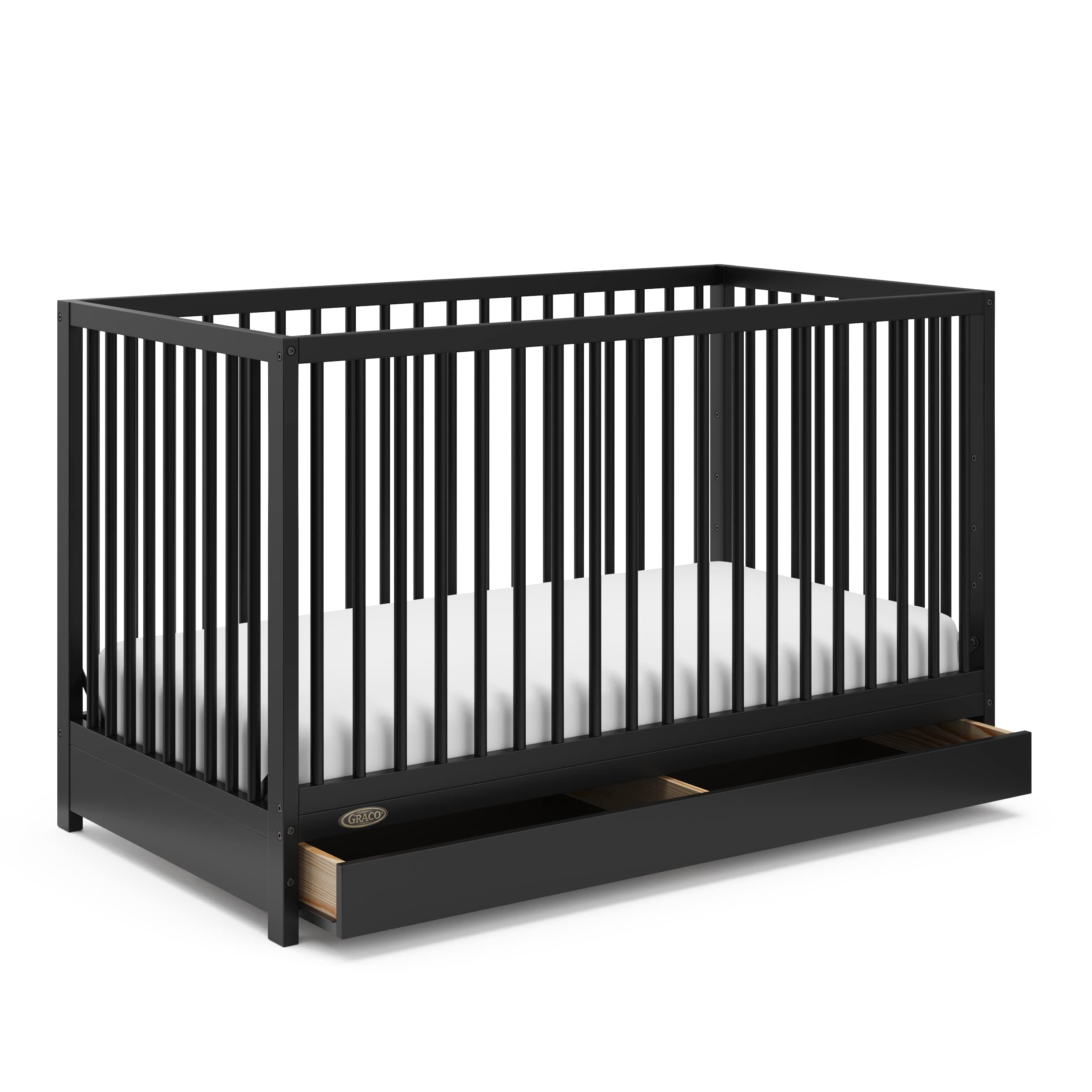 Graco Teddi 5-in-1 Convertible Crib with Drawer – GREENGUARD Gold Certified, Full-Size Nursery Storage Drawer, Baby Crib Converts to Toddler Bed, Daybed and Full-Size Bed (Black)