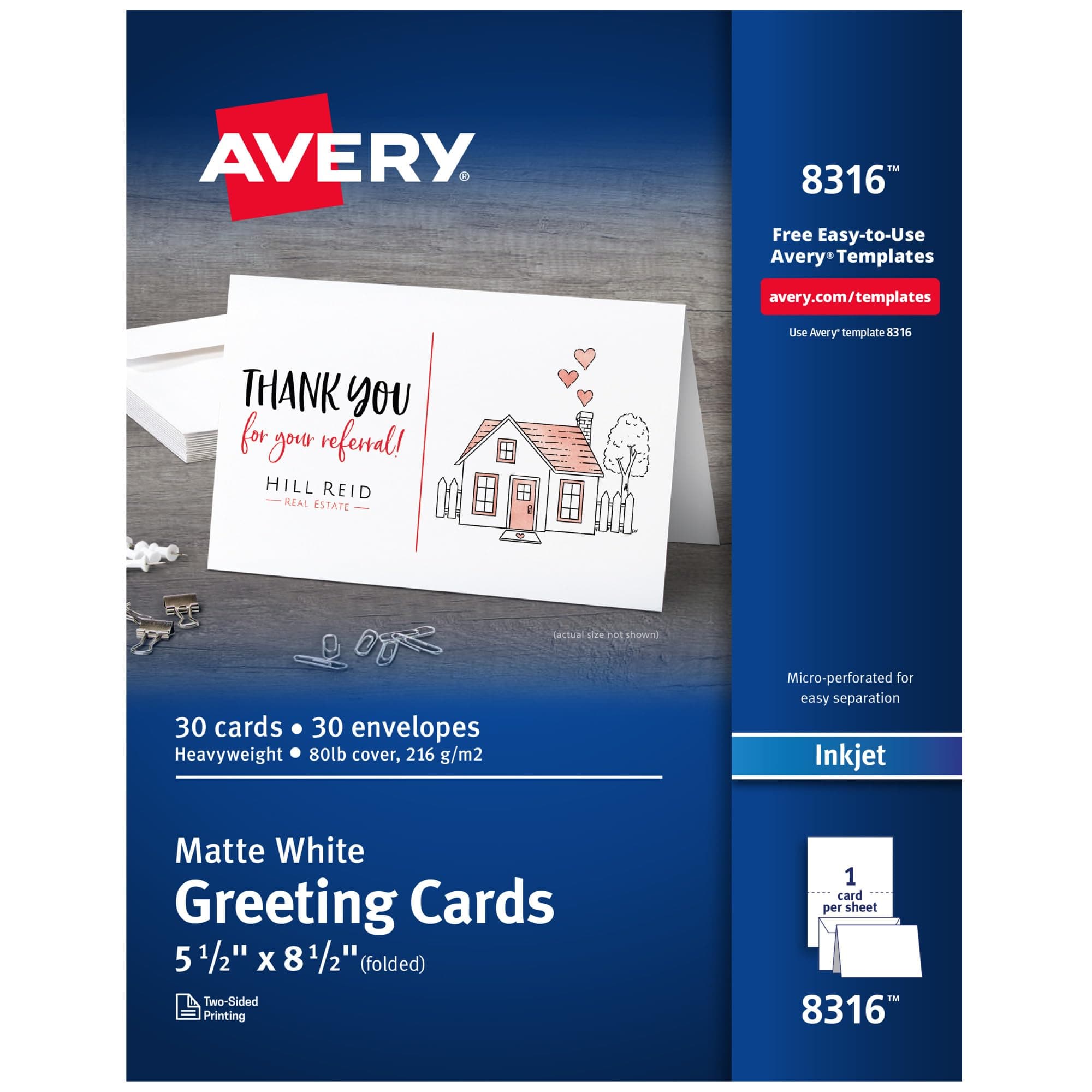 Avery Printable Half-Fold Greeting Cards, Envelopes Included, 5.5" x 8.5", Matte White, Inkjet Printer Compatible, 30 Blank Cards Total, Great for Product Branding, Marketing, and More (8316)