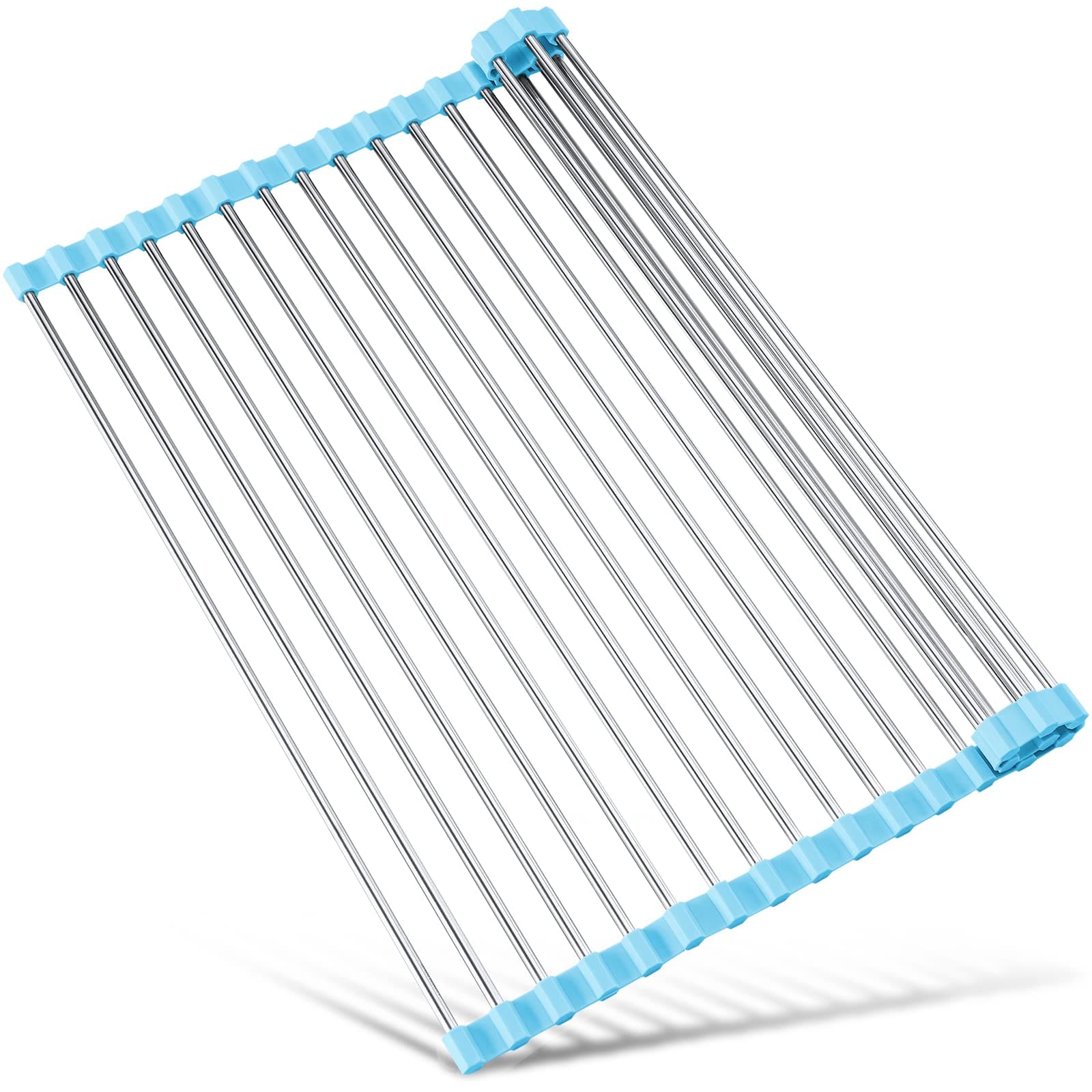 Tomorotec 17.7" x 15.5" Rollable Dish Drying Rack, Roll Up Foldable Dish Racks Multipurpose Anti-Corrosion 304 Stainless Steel Over Sink Kitchen Drainer Rack for Cups Fruits Vegetables (Blue)