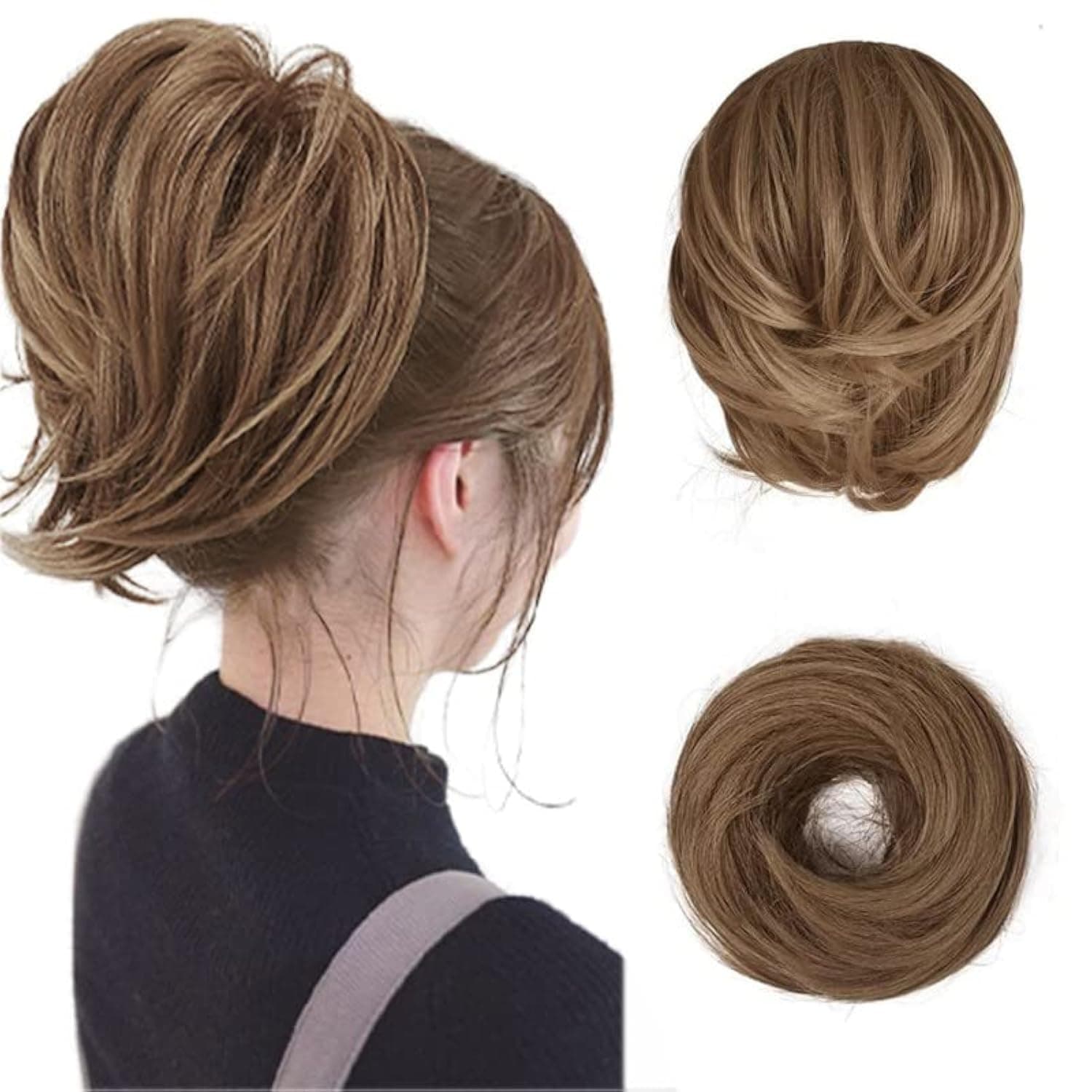 BARSDAR Brown Hair Bun Ponytail Extension, Straight Synthetic Ponytail Extensions - Fully Short, Light Golden Brown
