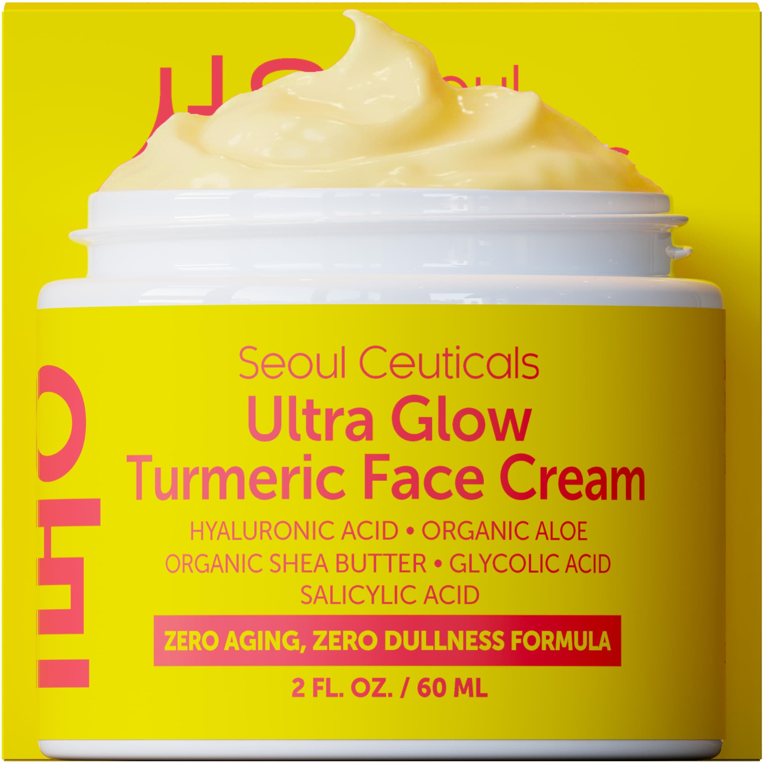 SeoulCeuticals Korean Turmeric Face Cream - Face Moisturiser for Dull Dry Skin - Skincare Zero Aging Cream - K Beauty Skin Care for Glowing Skin - Glycolic Acid Ultra Glow Cream for Women - 2oz