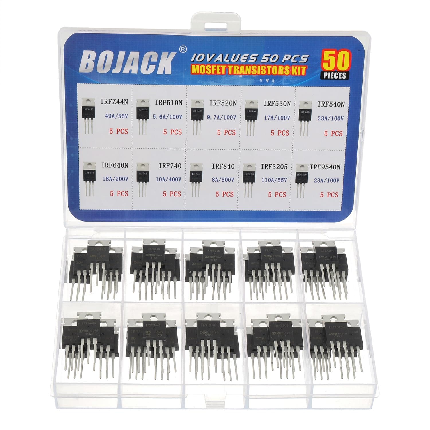 BOJACK 10 Values 50 Pcs IRFZ44N IRF510N IRF530N IRF540N IRF640N IRF740 IRF840 IRF3205 IRF9540 IRF Series transistors MOSFET Assortment Kit