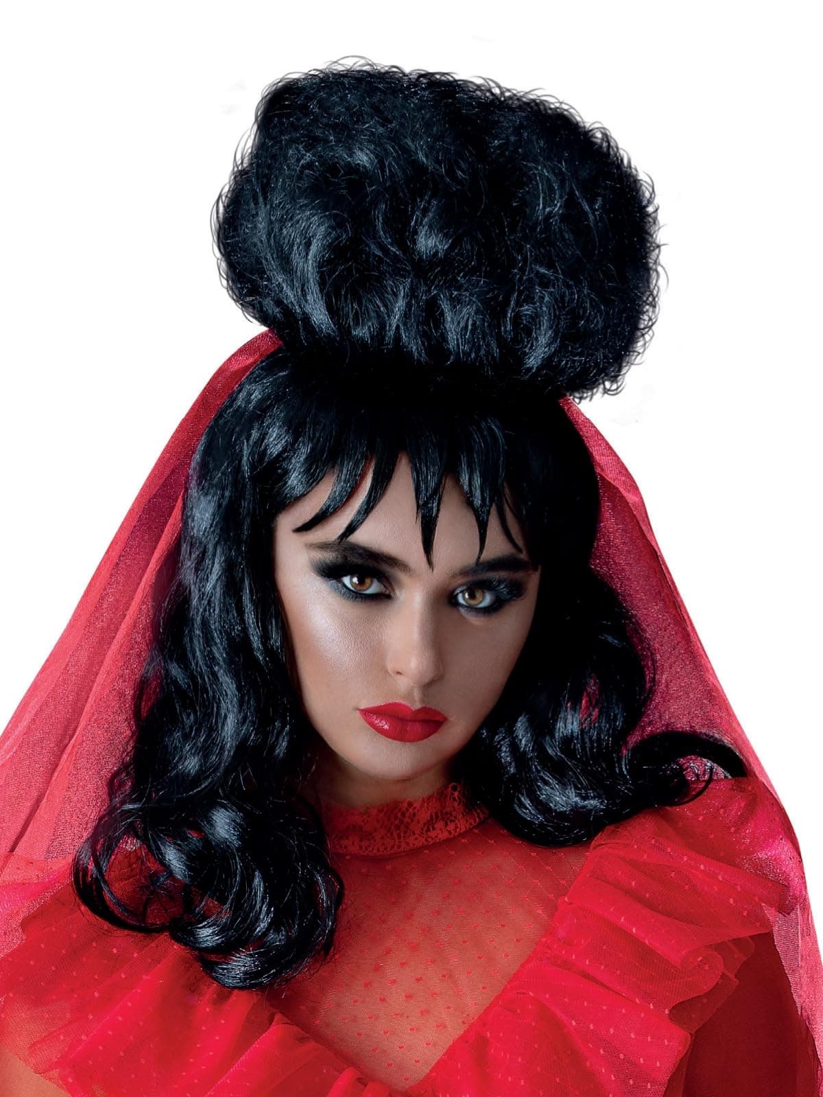 Smiffys Beetlejuice Lydia Wig for Adults Black Mid-Length with Fringe Officially Licensed Warner Brothers Ideal for Infamous Lydia Deetz Up-Do and Matching Family Fancy Dress Halloween