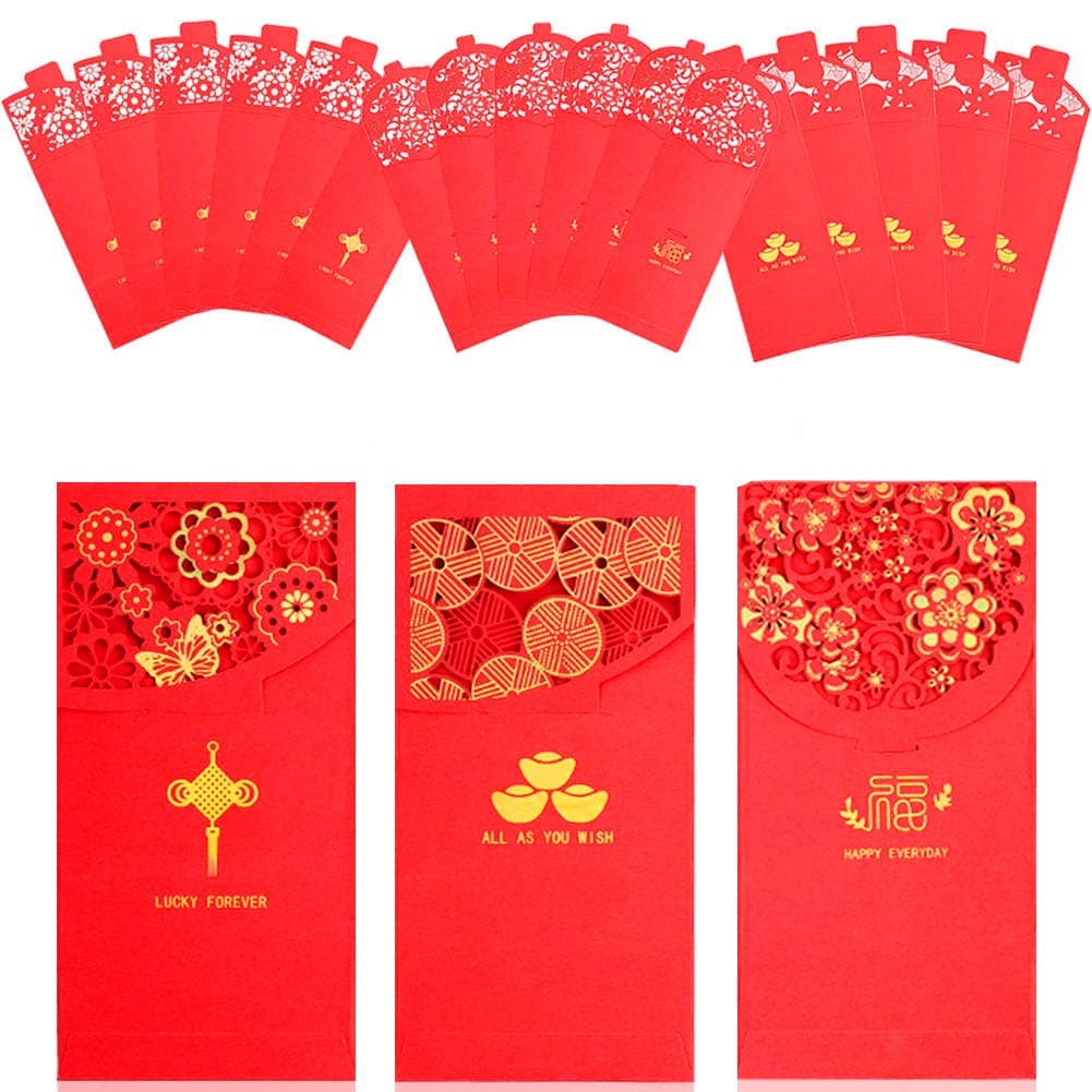 Chinese New Year Red Envelopes Lucky Money Pockets HongBao for Spring Festival, New Year, Birthday, Wedding, Bussiness Occasion (18 pcs/set)