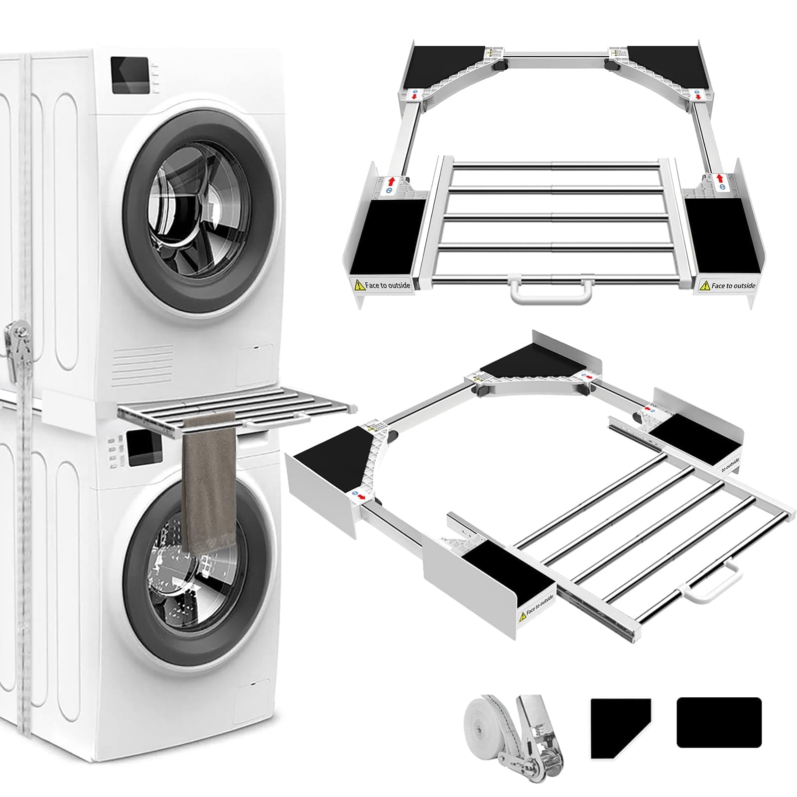 Intermediate Frame with Washing Line, Connection Frame Washing Machine Dryer Universal, Connection Frame Intermediate Kit with Extendable Towel Rail, Adjustable Size (53-68 cm)