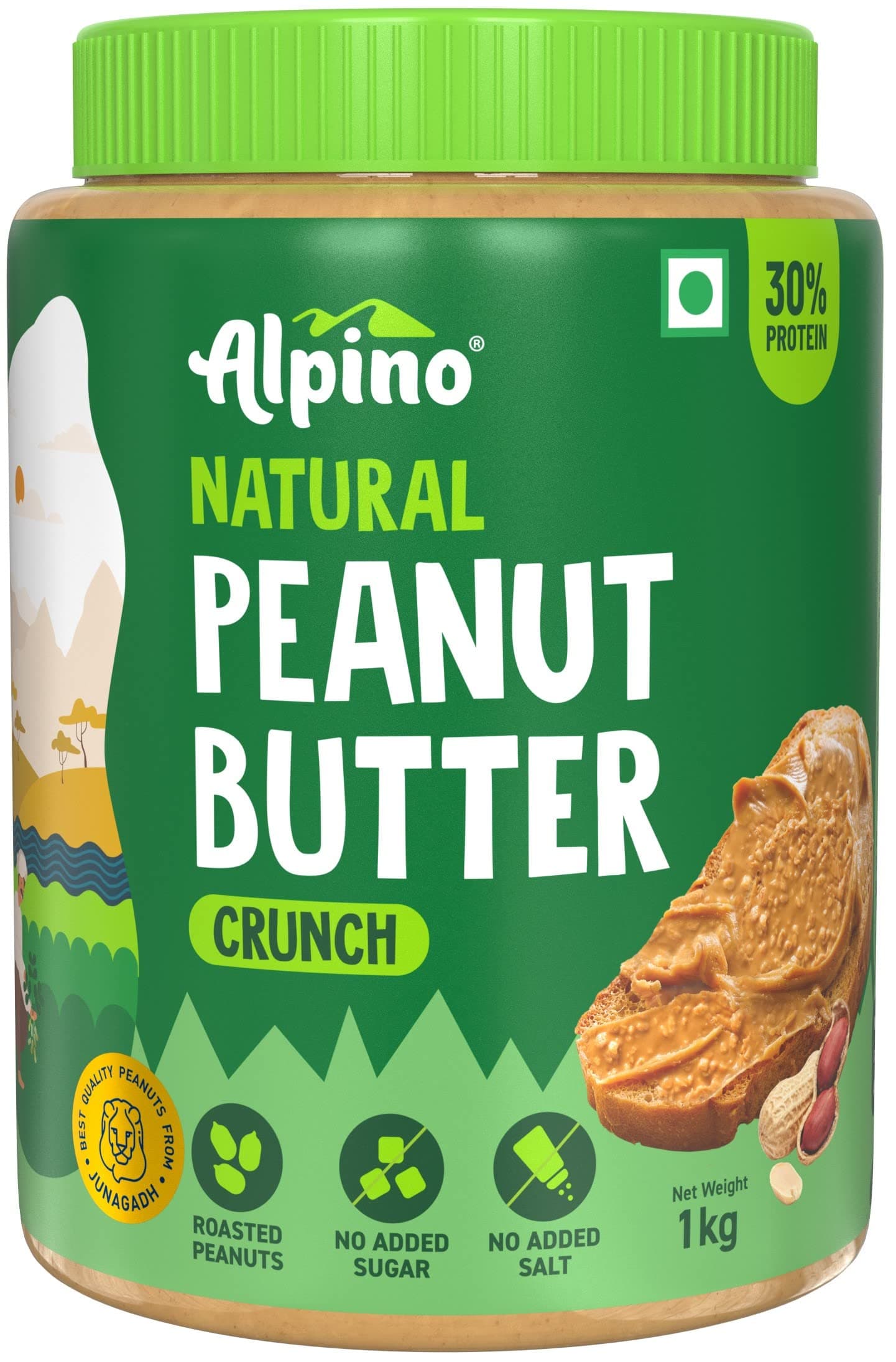 ALPINO Natural Peanut Butter Crunch 1kg - 100% Roasted Peanuts - 30g Protein, No Added Sugar & Salt, non-GMO, Gluten Free, Vegan â€“ Plant Based, Unsweetened Peanut Butter Crunchy