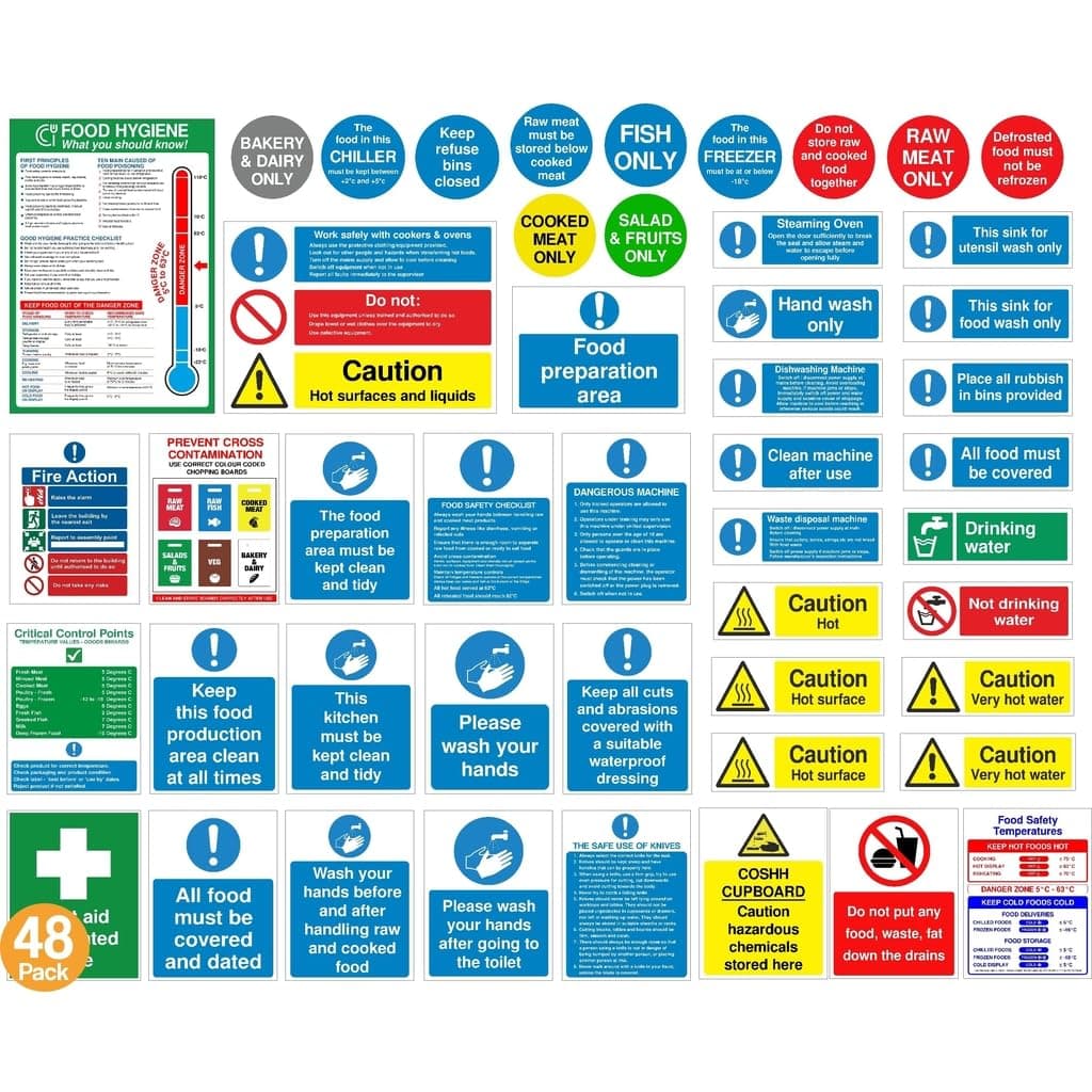 Complete Kitchen Safety Signs Set – 48 Self Adhesive Waterproof & Heat-Resistant Stickers – ISO 7010 Compliant – Commercial Kitchen Use – Food Hygiene, Allergy, Fire Action – Bold & Clear (48)