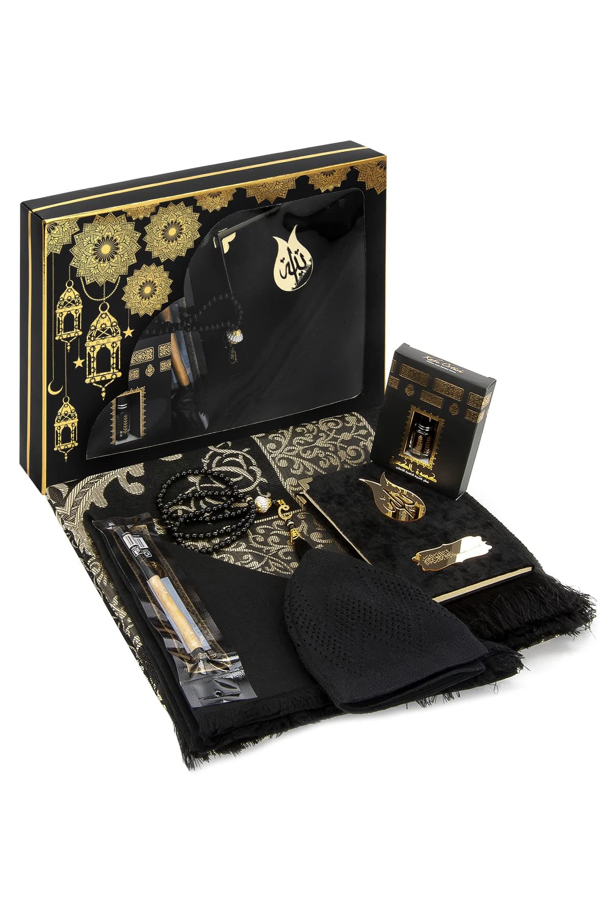 ihvan online Prayer Gift Box for Hajj and Umrah, Prayer Rug, Beads, Quran, Deluxe Set for Ramadan & Eid Gift, Black/Set 3