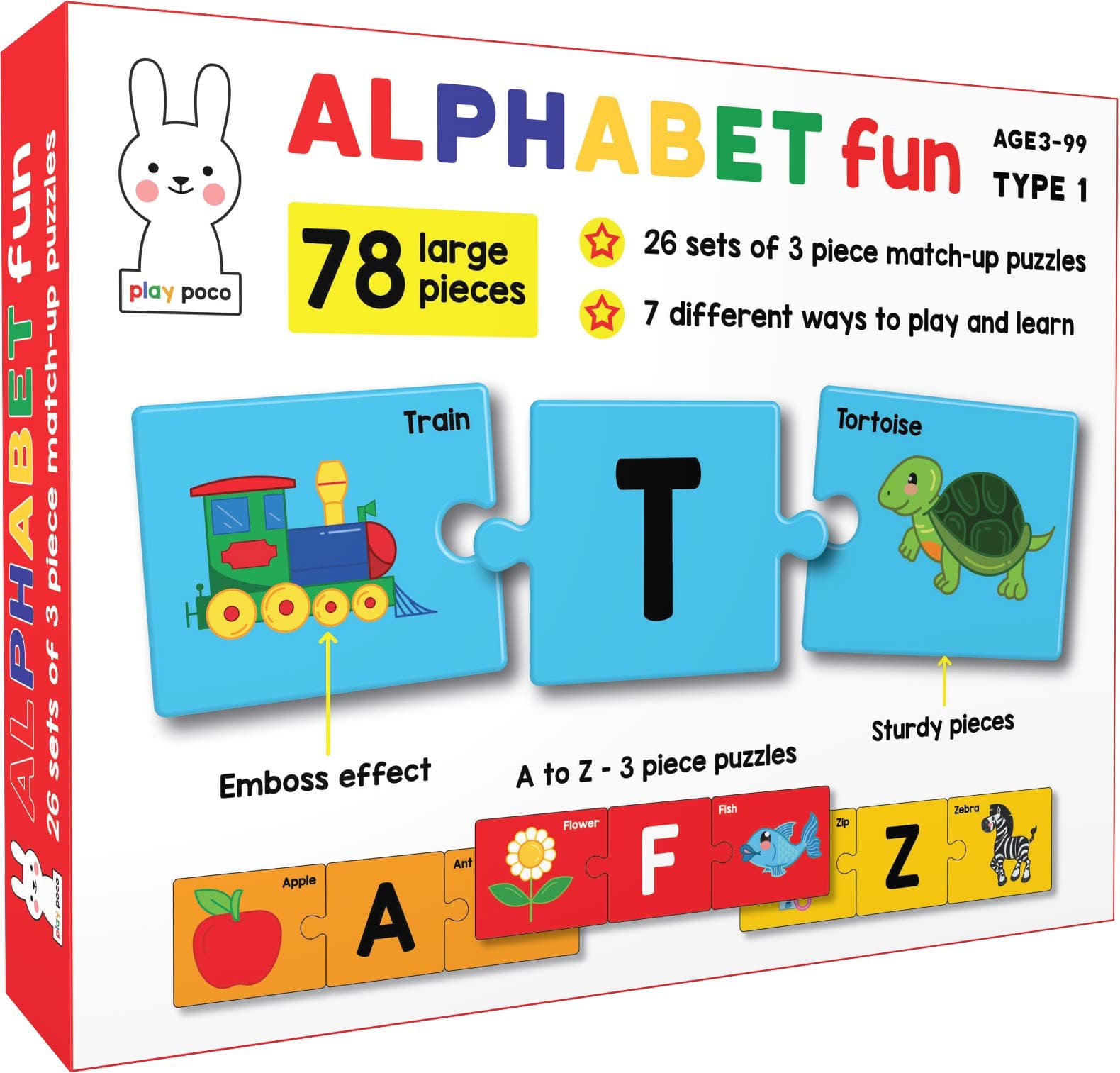 Play Poco Alphabet Fun Type 1 - 78 Piece Alphabet Matching Puzzle - 7 Different Ways To Play And Learn - Includes 78 Large Puzzle Cards With Beautiful IllUStrations