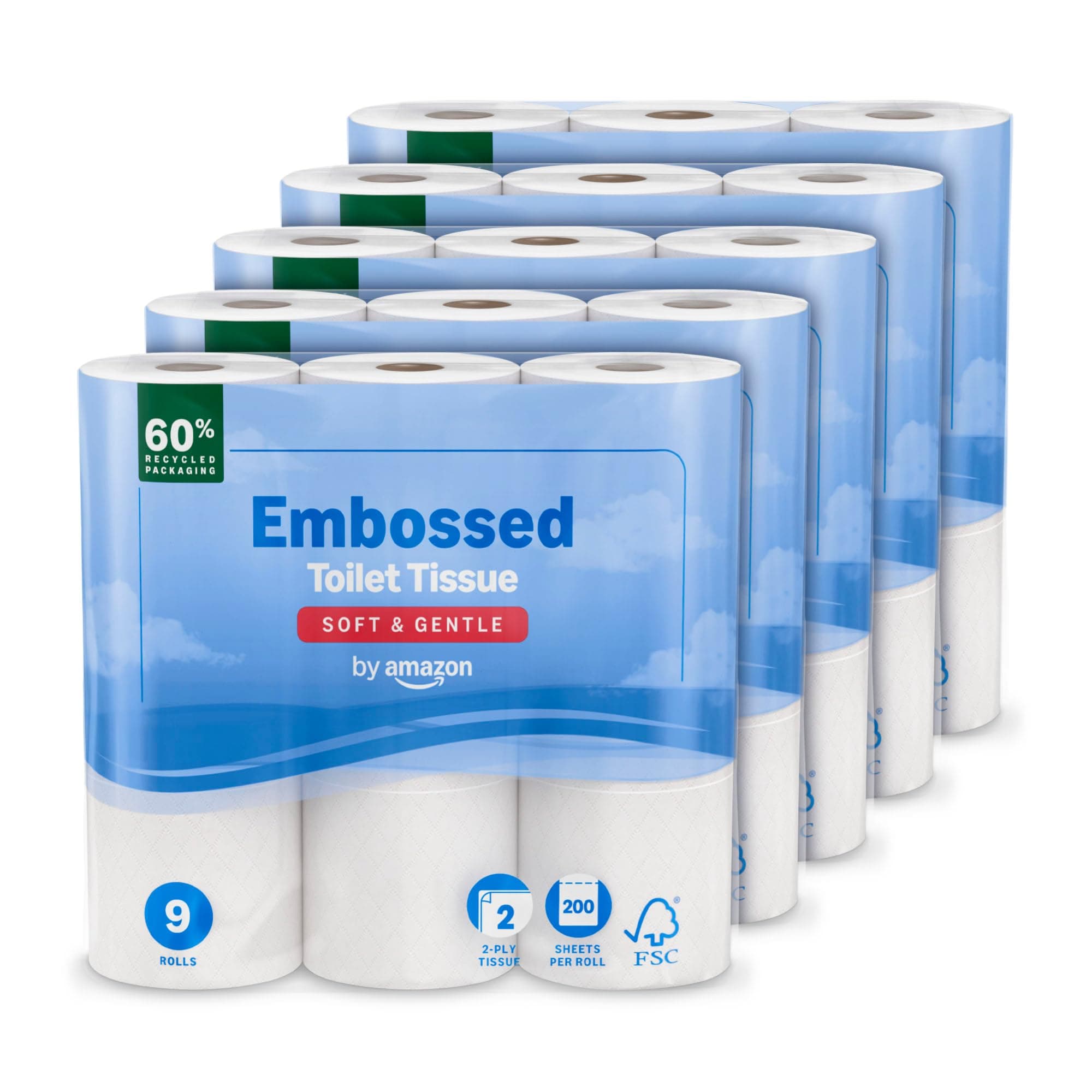 Toilet Roll, 2-Ply Embossed, Soft and Gentle, 45 Rolls (5 Pack of 9), 200 Sheets per Roll, FSC Certified