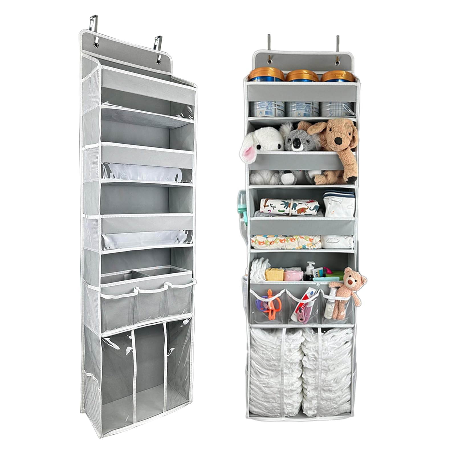 Door Hanging Storage Organizer,with 3 Bins 1 Movable Baby Diaper Caddy,1 Large capacity diaper stacking storage Organizer,10 Side Pockets ,Bedroom Door Storage for Nursery Baby Essentials.Grey 1 Pack.