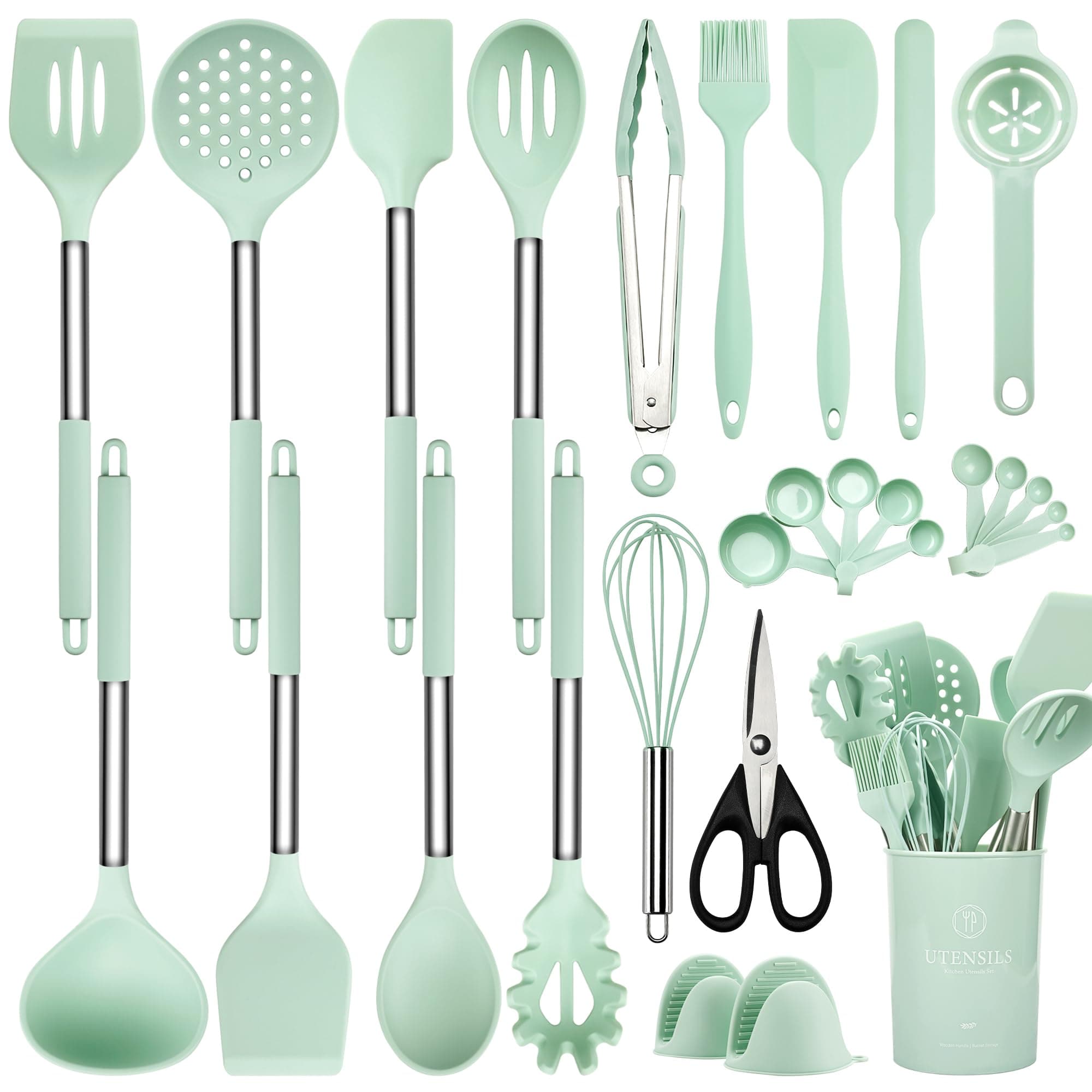 Silicone Cooking Utensils Set, 28 Pcs Kitchen Utensils Set 446°F Heat Resistant Spatula Set, Food Grade Silicone and Stainless Steel Handle Kitchen Gadgets for Nonstick Cookware BPA Free