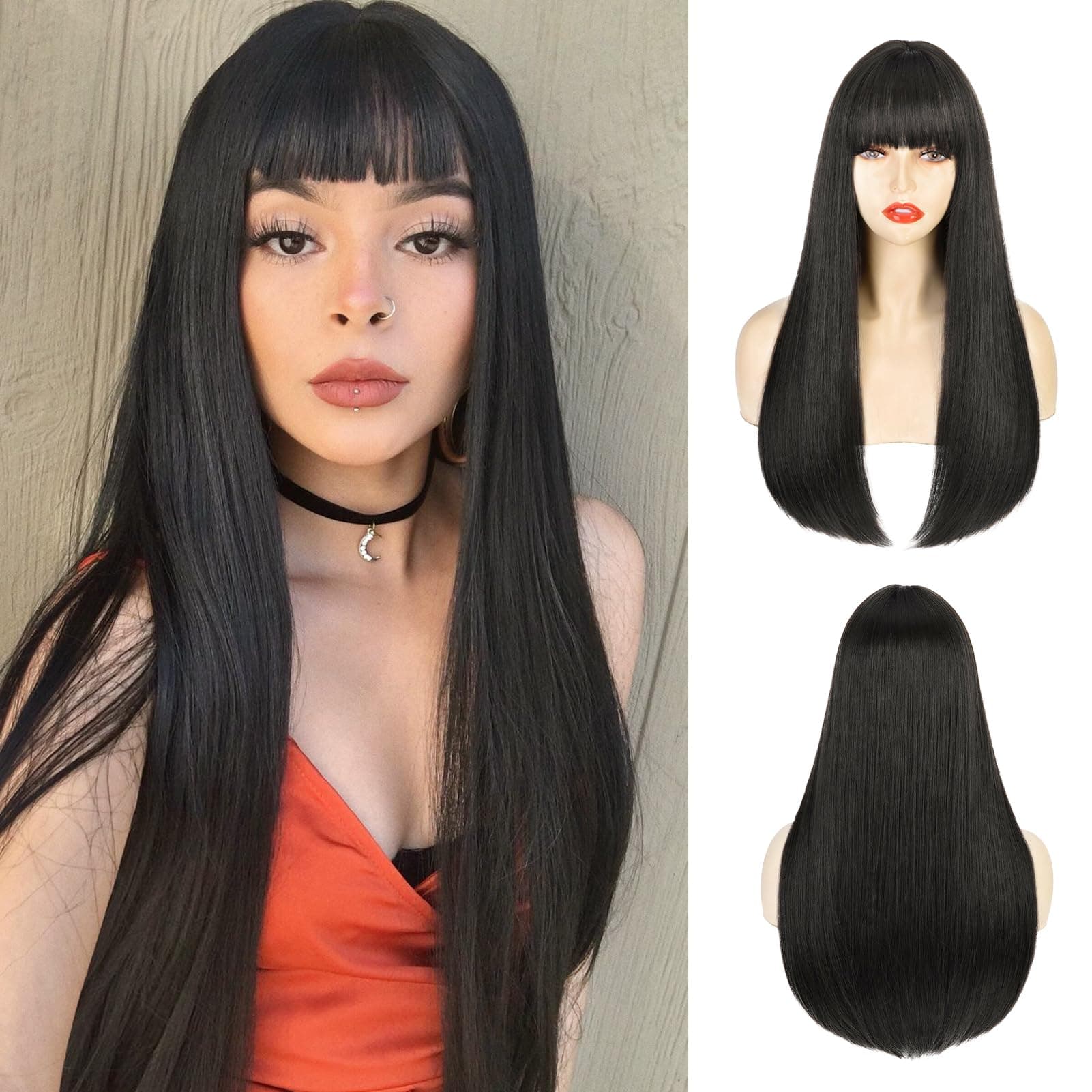 ENTRANCED STYLES Black Wig for Women Long Straight Black Wigs with Bangs Black Hair Wigs Heat Resistant Synthetic Womens Wig for Daily Party Christmas Halloween Use 22 Inch （1B