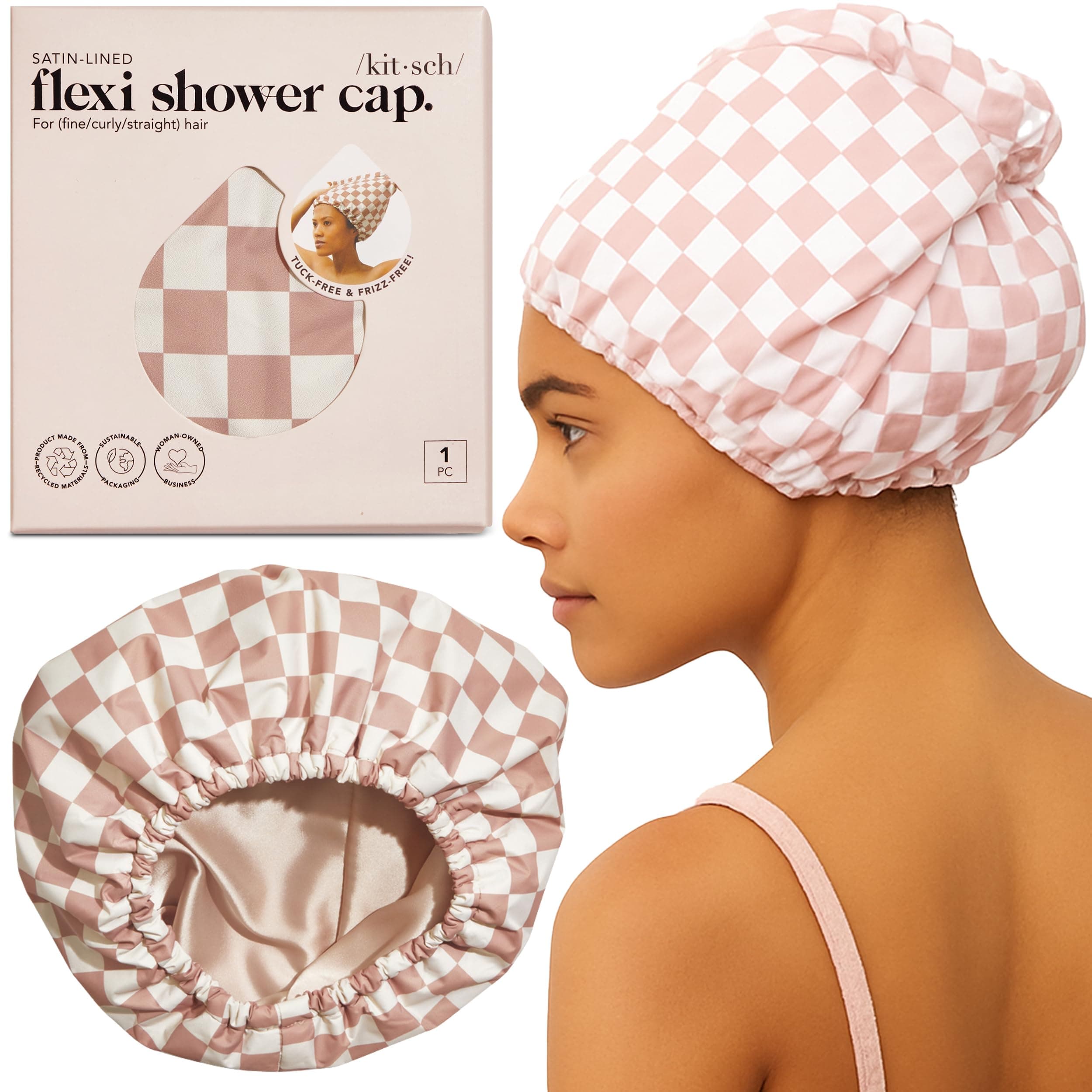 Kitsch Luxury Satin-Lined Flexi Shower Caps for Women Reusable Waterproof - Large Wide Shower Cap for Women & Men, Adjustable, Stylish Hair Cap for Showers, For Long & Short Hair - Terracotta Checker