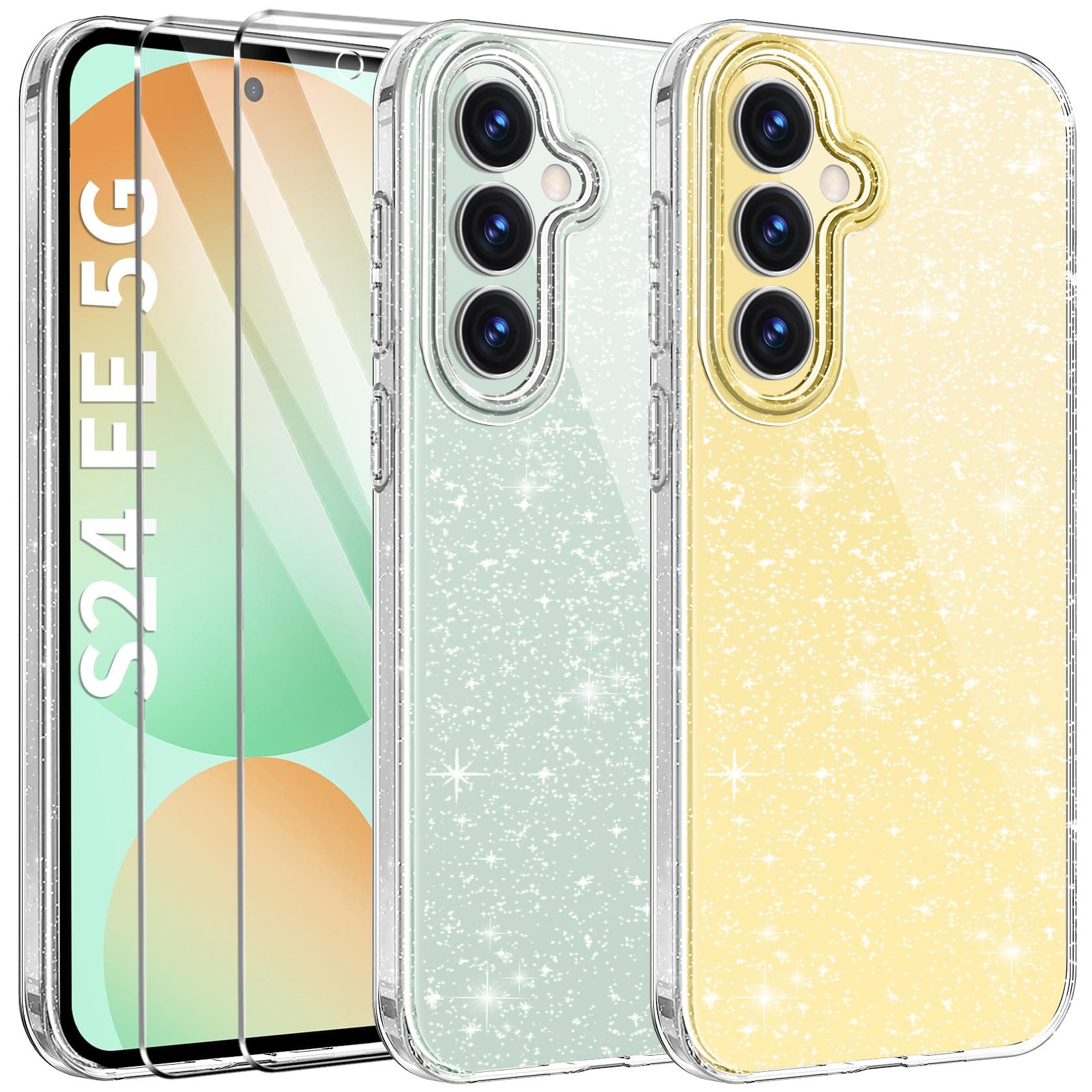 AROYI 3 in 1 Clear Glitter Case for Samsung Galaxy S24 FE 5G Case with 2 Tempered Glass Screen Protector, Soft Bumper Anti-Scratch Sparkle Bling Women Girls Samsung Galaxy S24 FE Phone Case Cover