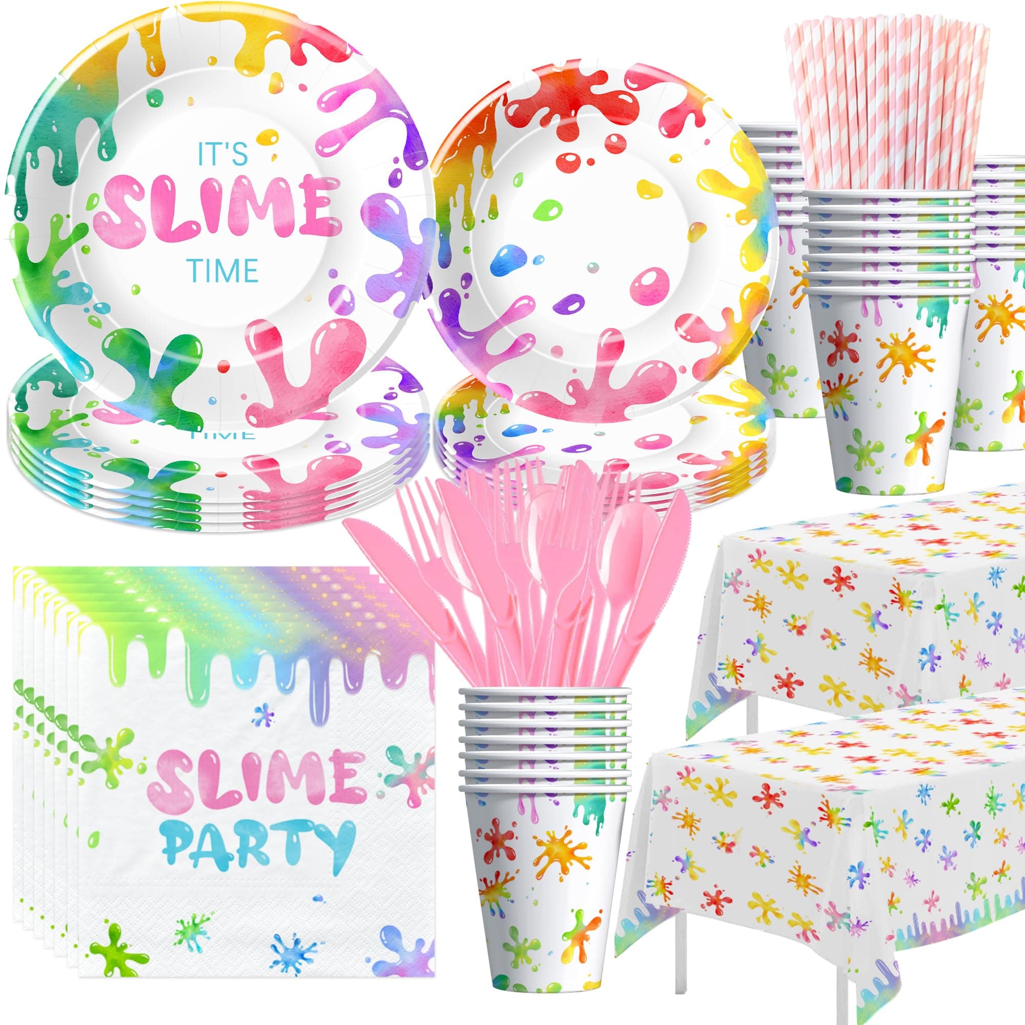 Xigejob Slime Birthday Party Decorations Tableware - Splatter Splash Colorful Theme Pink Slime Party Supplies Dinnerware, Paper Plate, Cup, Napkin, Tablecloth, Cutlery | Serves 24