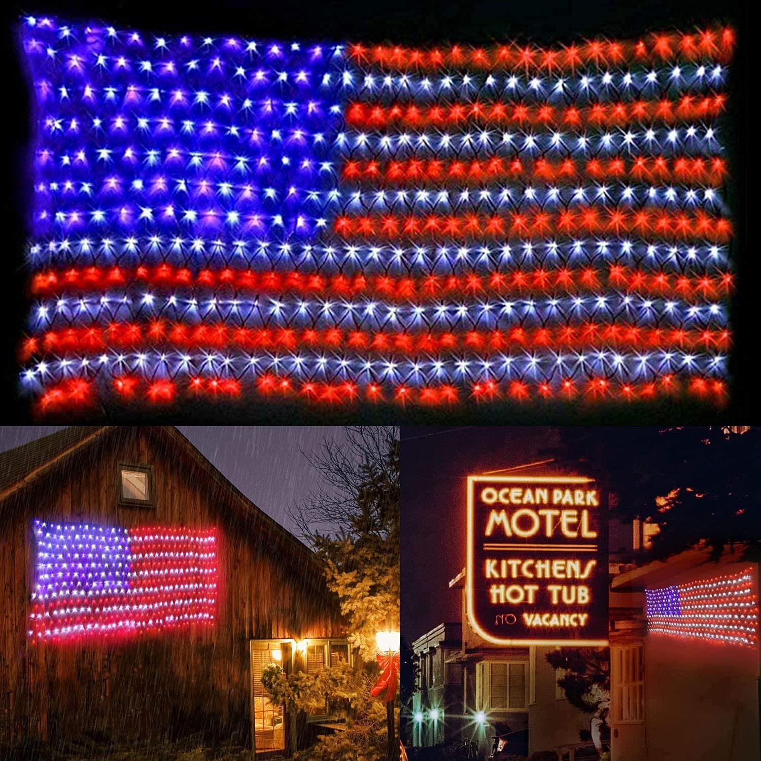 2024Upgrade Solar American Flag Lights, 2-in-1Solar Powered and Plug in Flag Light, 420 LED Waterproof Flag Net Lights for 4th of July Independence Day Memorial Day Party Indoor Outdoor Decoration