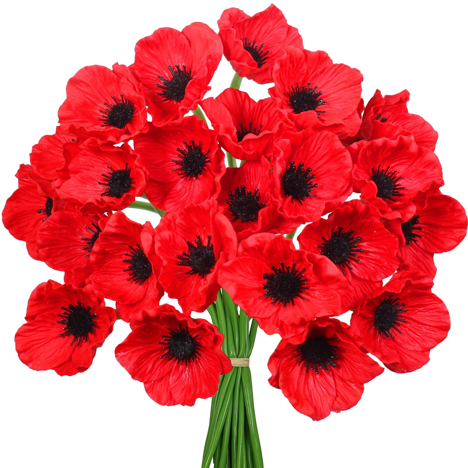 Winlyn 24 pcs Artificial Red Flower Stems PU Real Touch Flower Fake Flowers in Red with Black Center 11.6" Tall for Wedding Bouquets Corsages Centerpiece Floral Arrangements
