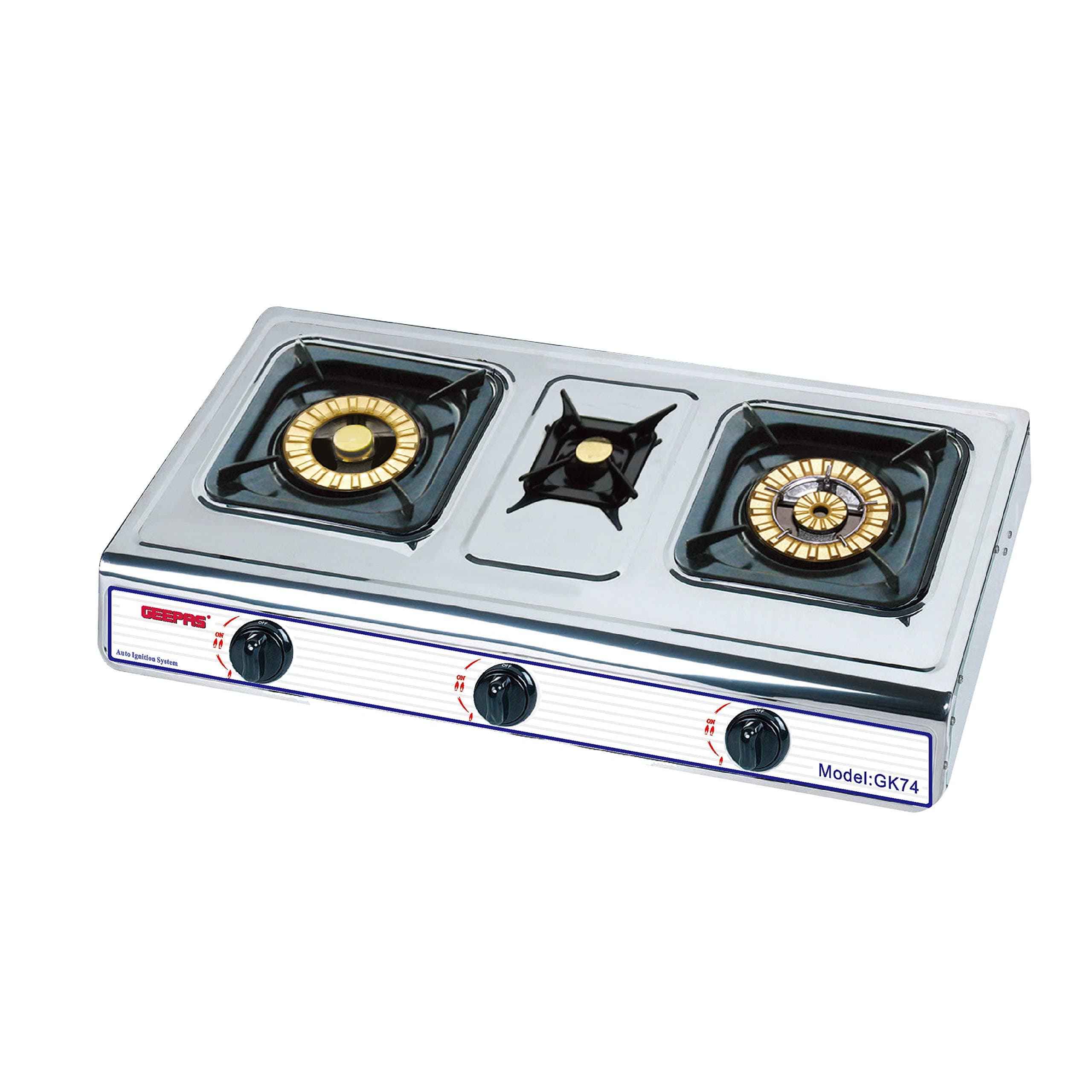 Geepas Stainless Steel Gas Cooker with 3 Burners, GK74 | Anti-Skid Feet | Auto Ignition | Energy Efficient | LPG Gas Type | Gas Stove for Kitchen