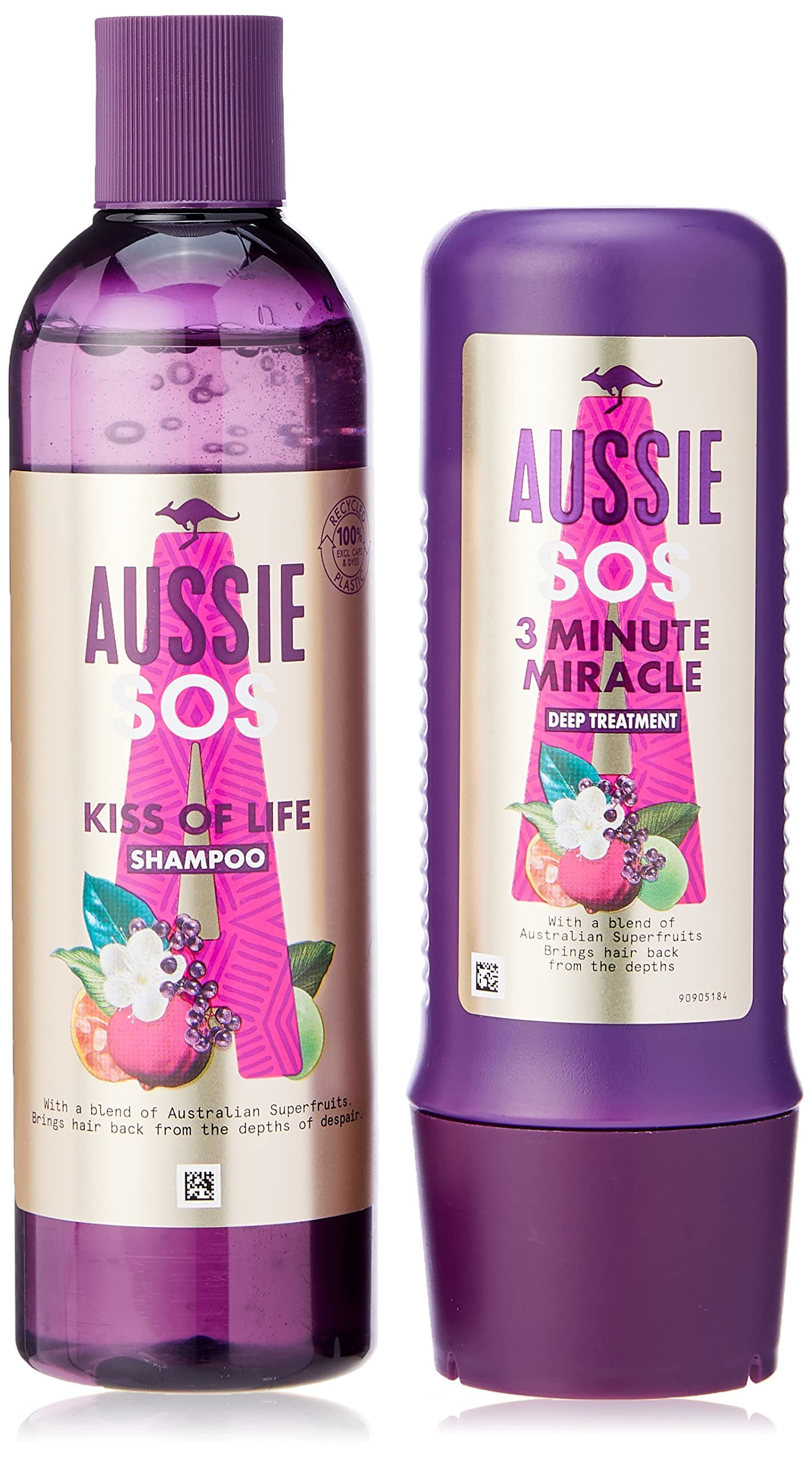 Aussie SOS Shampoo And Deep Treatment Hair Mask Set for Dry Damaged Hair, Kiss of Life Hair Repair Hair Care Set With Australian Superfoods, Shampoo (290 ml) + 3 Minute Miracle Hair Mask (225 ml)