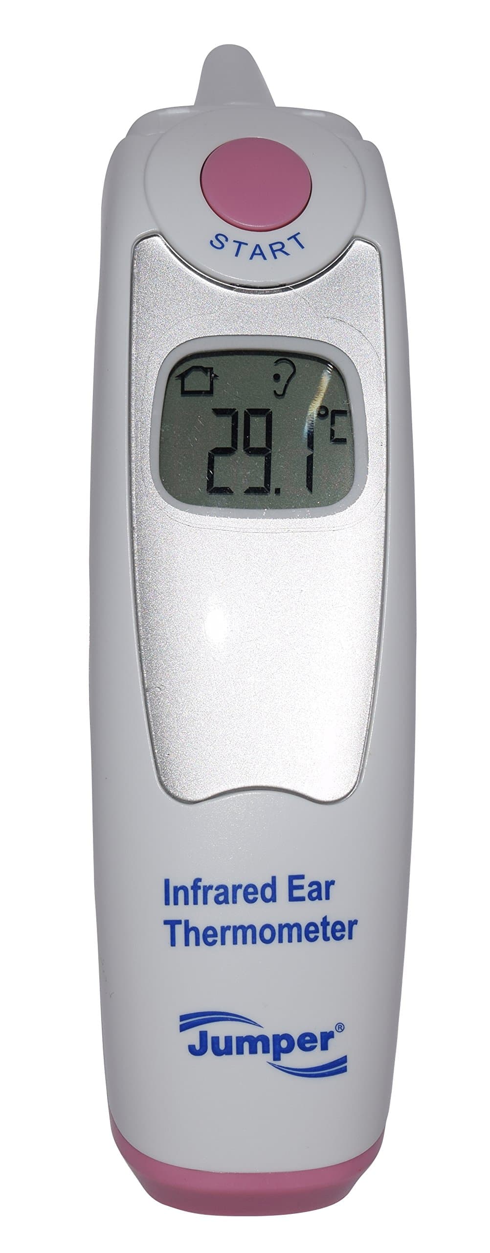 Jumper Medical - JPD-FR301 Digital infrared (IR) ear thermometer with replaceable probe cap, CE, FDA, ISO certified, instrument suitable for babies, toddlers and adults, LCD display with backlight, °F or °C display, memory for 20 measured values, in white-pink colors.