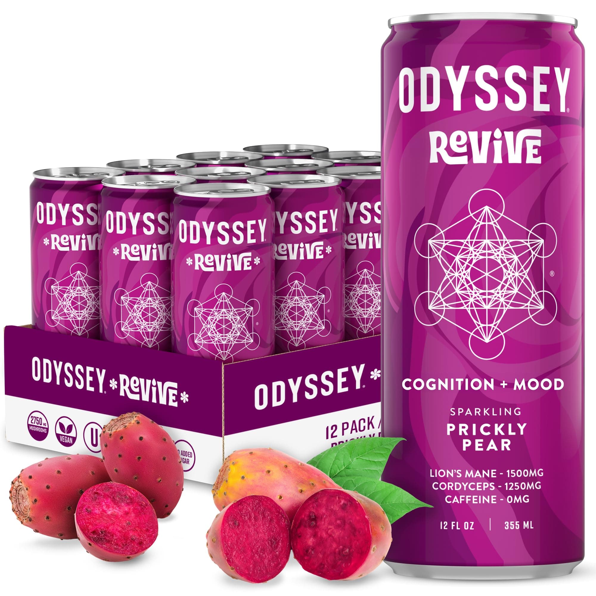 Odyssey Revive Sparkling Drink – Caffeine Free Electrolyte Water with Lion’s Mane Cordyceps L-Theanine and Vitamin C – Instant Hydration for Wellness – 12 Pack Prickly Pear Flavor, 12 Fl Oz Can