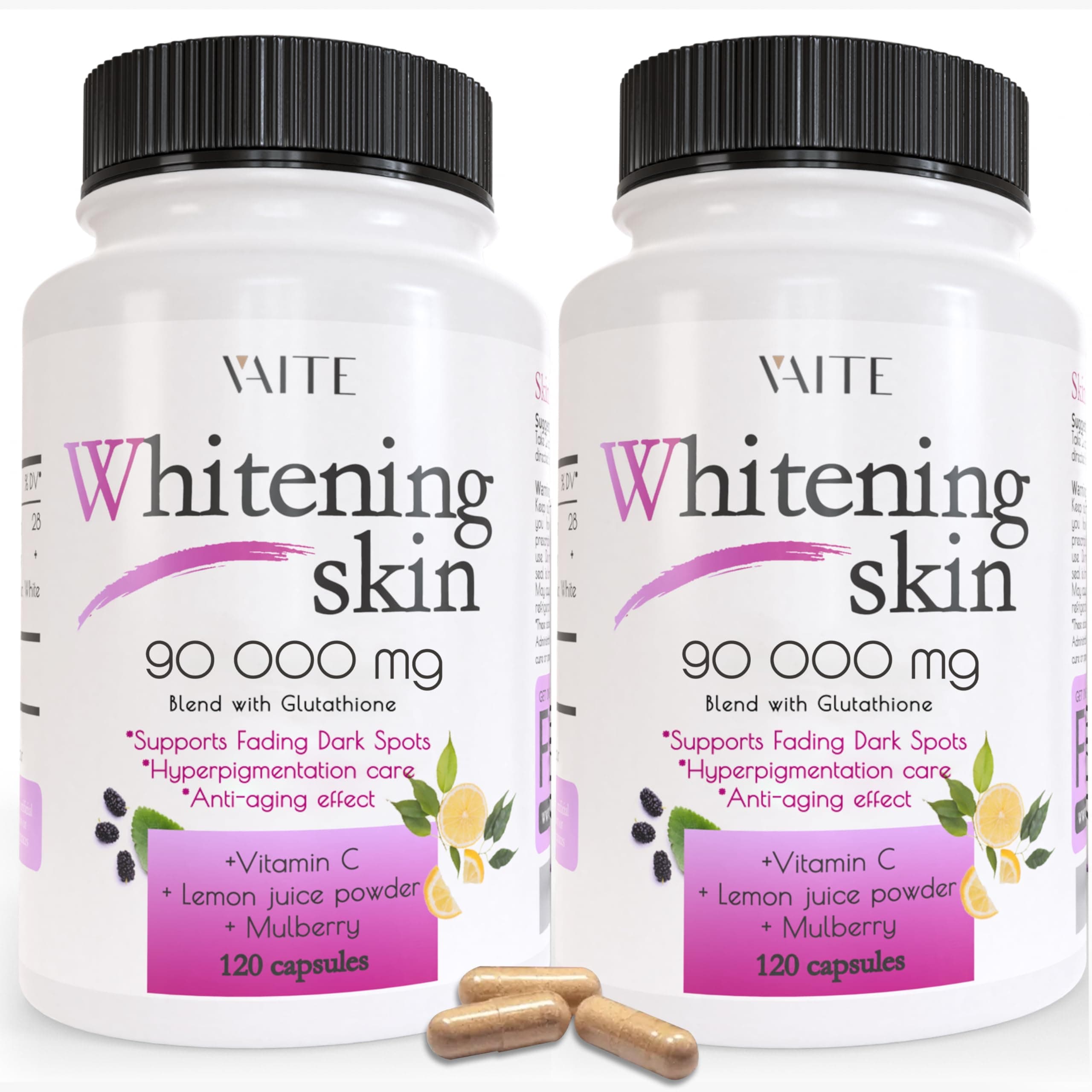 VAITE Glutathione Pills - Dark Spots & Acne Scar Remover - 90000 - Made in USA - Vegan Skin Bleaching Pills with Anti-Aging & antioxidant Effect - 120 Capsules (2 Pack)