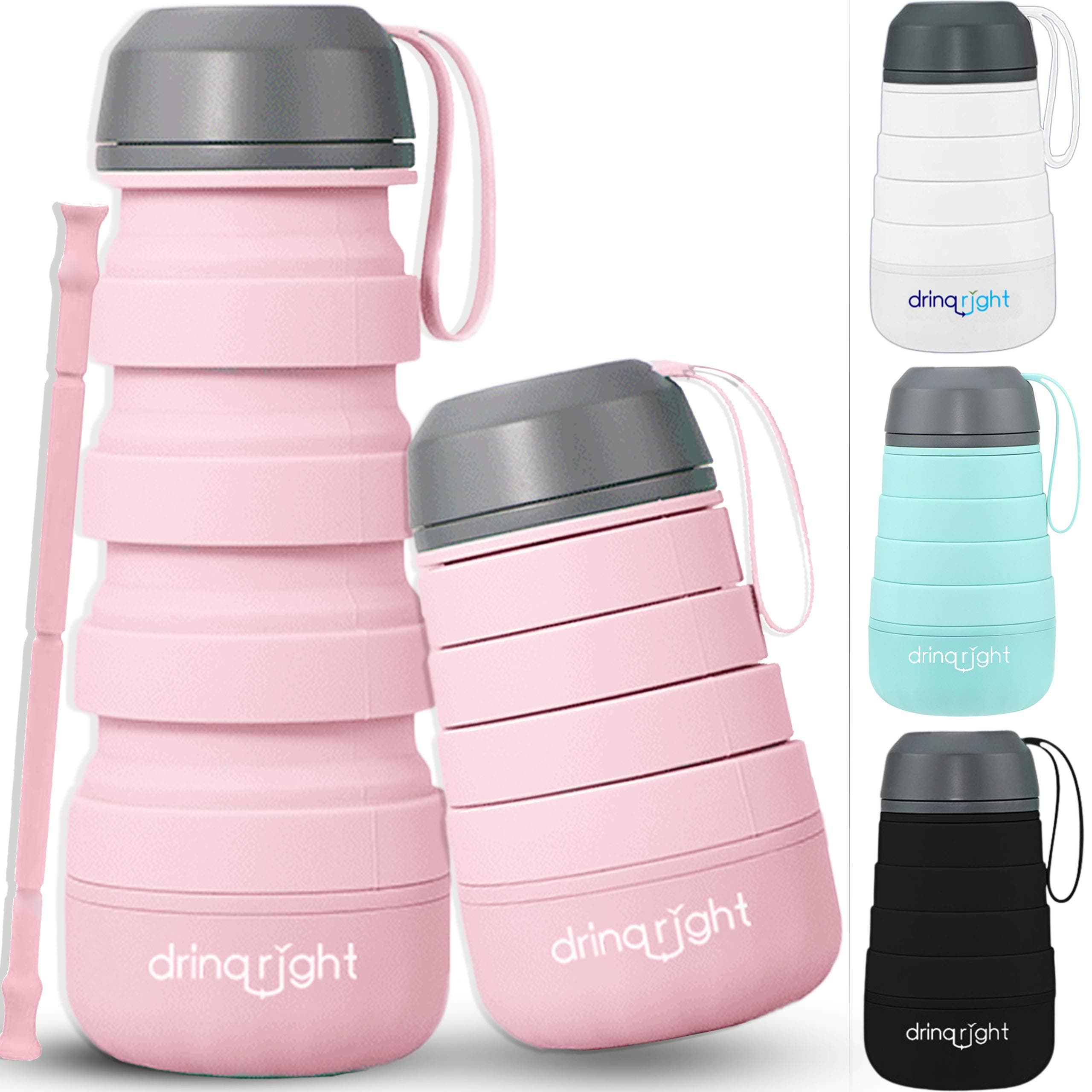 drinqright™ Collapsible Water Bottle | Expand in 5 Different Sizes: Small, Reusable & Foldable Water Bottle | Made with Flexible BPA-Free Silicone, perfect for Travel, Sports & Camping (Baby Pink)