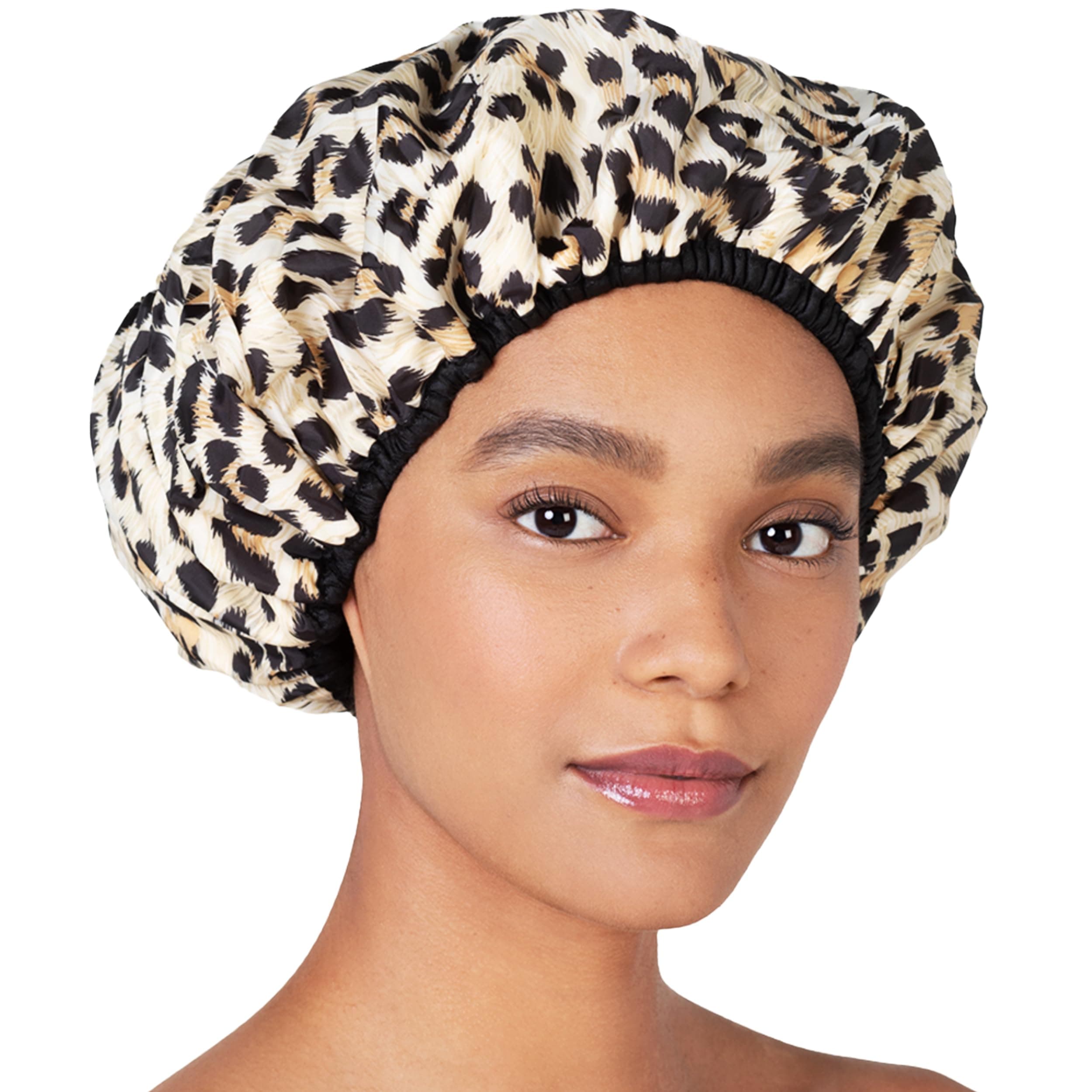 Betty Dain Reusable Nylon Bath & Shower Cap, Reversible Oversized Waterproof Shower Caps Large Designed for all Hair Lengths w Terry Lining & Elastic Band Stretch Hem Hair Hat - Socialite Safari Spots