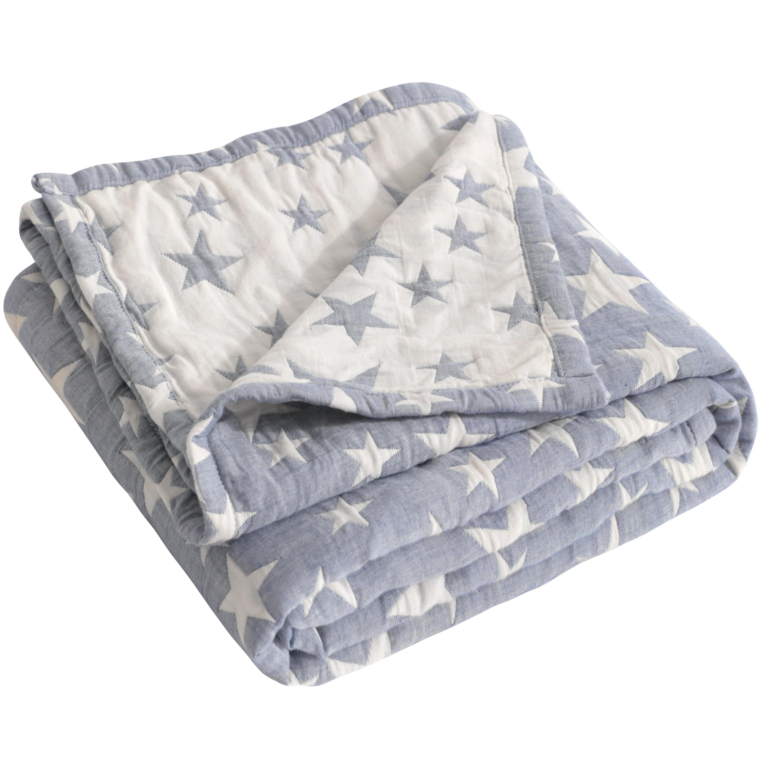 NTBAY 3 Layer Baby Muslin Cotton Toddler Blanket, 76x102 cm Jacquard Reversible Nursery Bed Blanket, Super Soft and Thermal Cot Bed Blanket for All Seasons, Baby Gift, 76x102 cm, Blue White Star