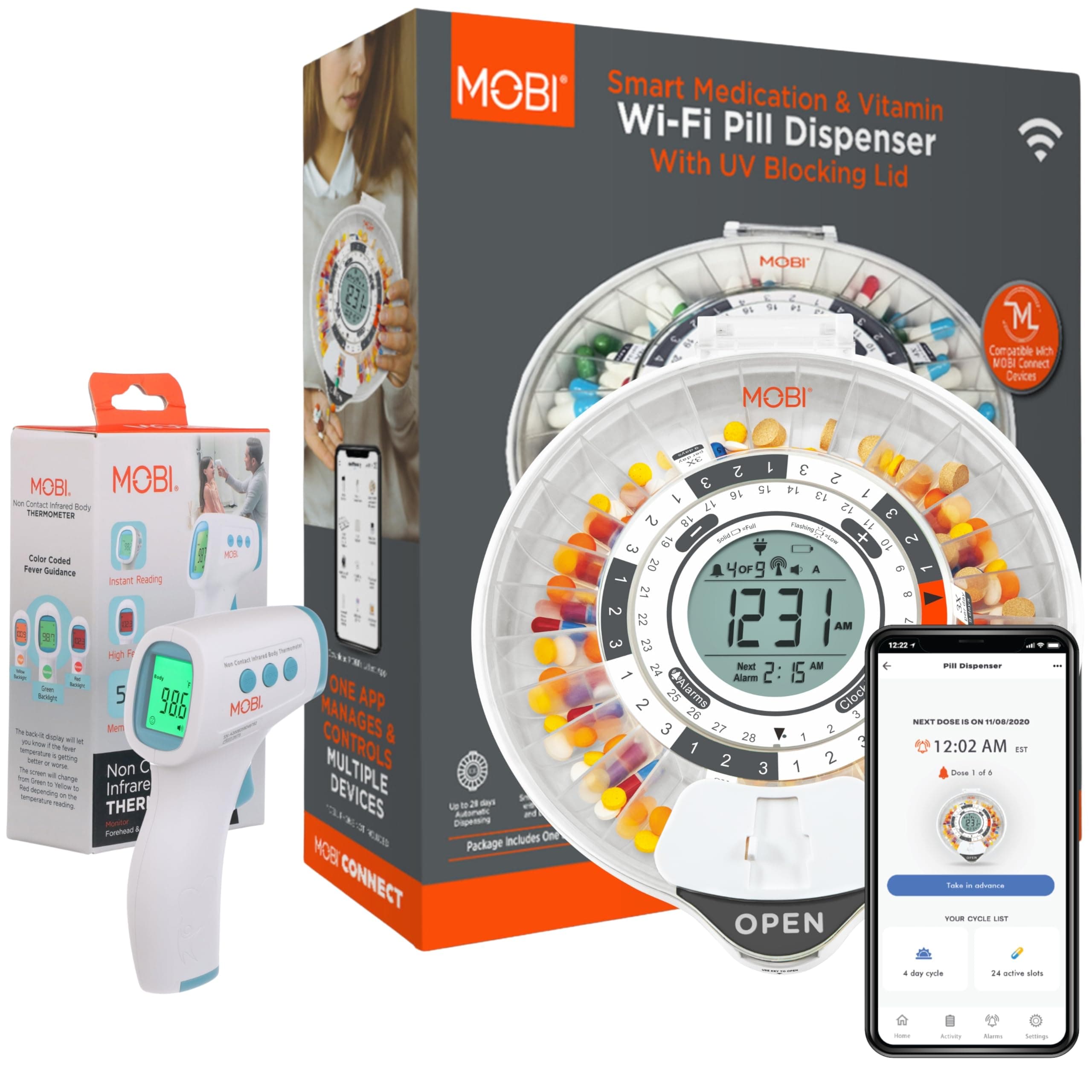 MOBI Smart Wireless Pill Dispenser with UV Lid, 28-Day Organizer, Key Lock, Sound & Light, for Pills, Prescriptions, Medication, Vitamins + Non-Contact Forehead Thermometer for Baby, Kids & Adults
