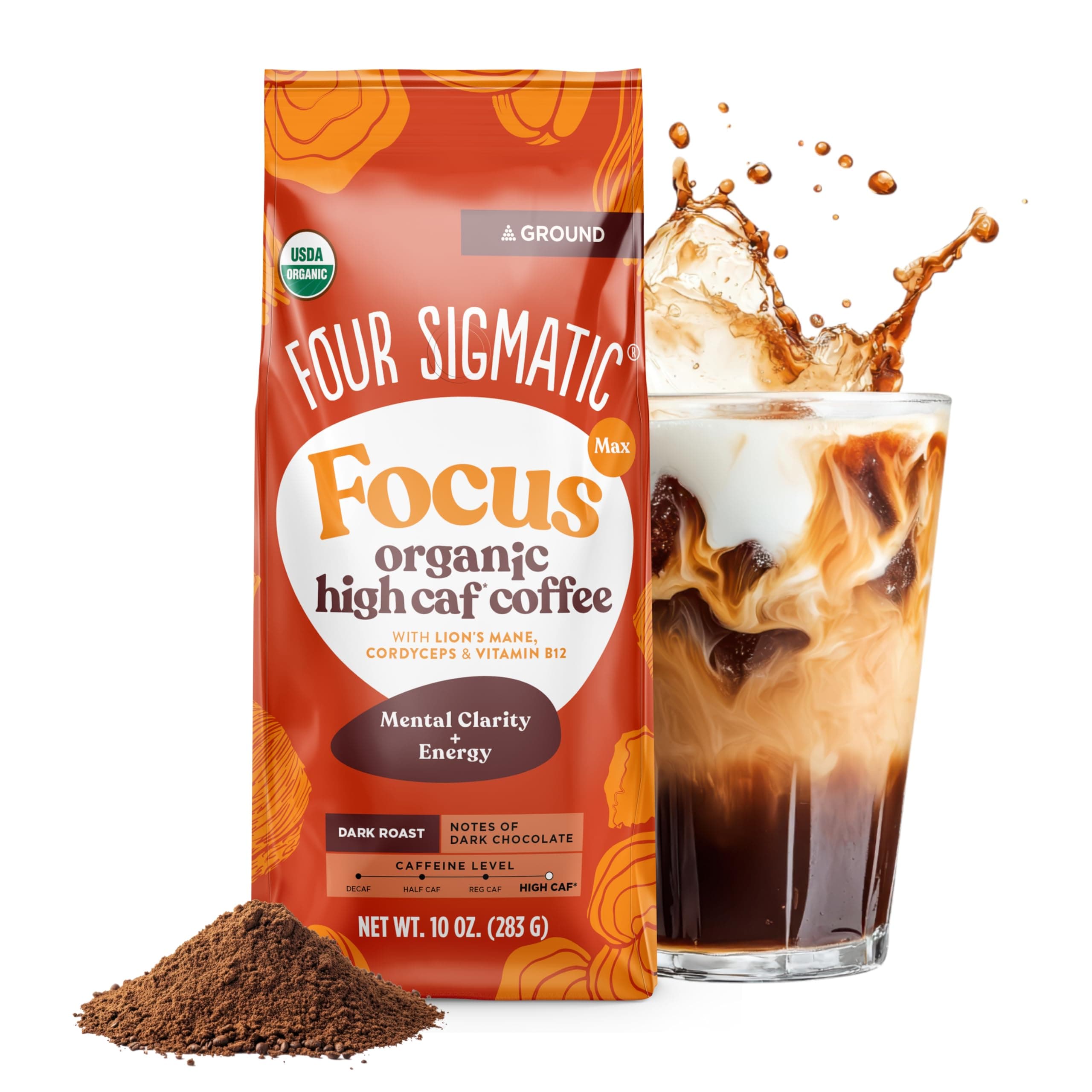 Focus Max High Caffeine Cordyceps Coffee | Organic Dark Roast High Caffeine Ground Coffee with Cordyceps, Lion's Mane and B12 | Energy Booster Without the Jitters | 10oz Bag