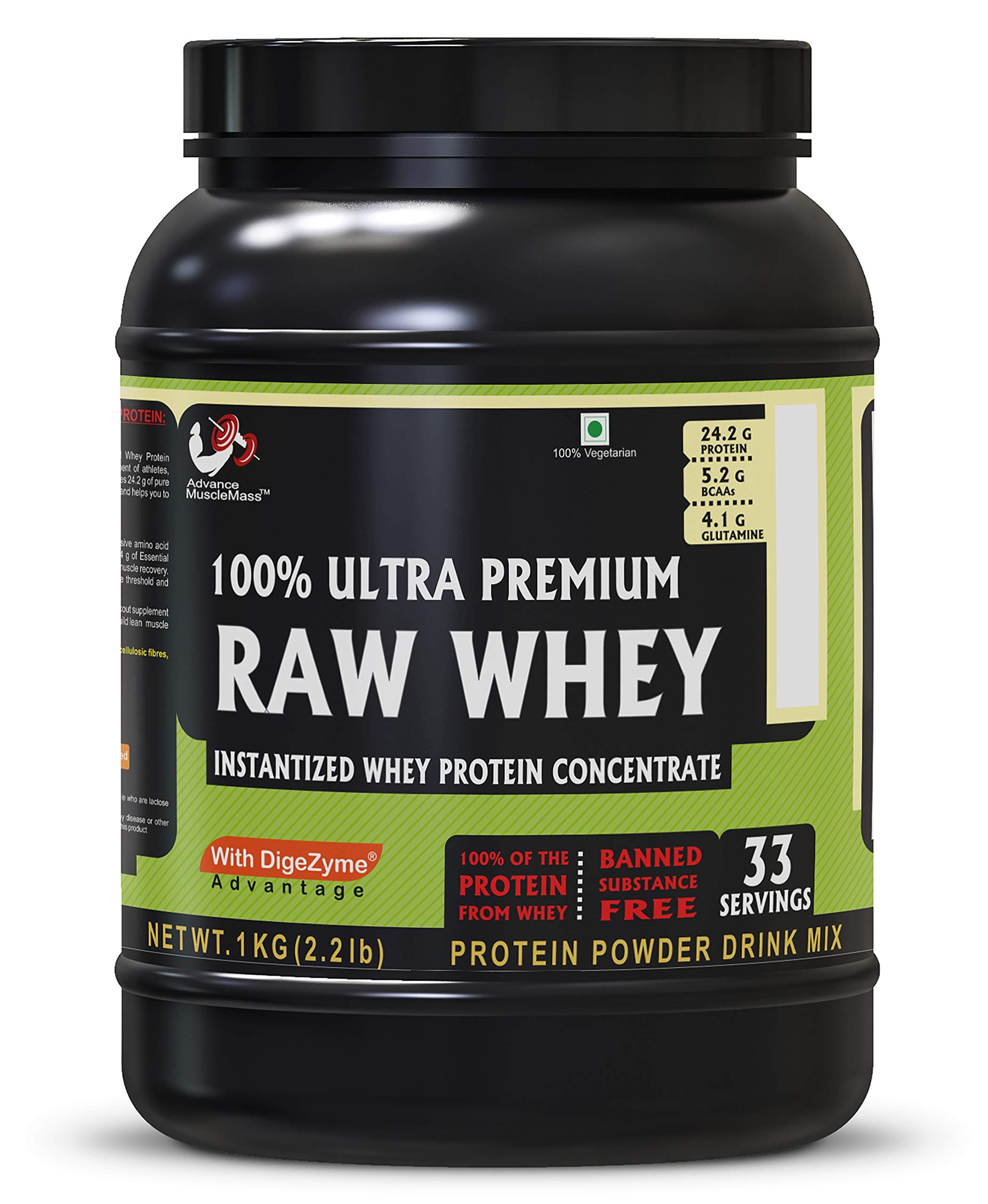 Advance MuscleMass Raw Whey Protein Concentrate with Enzyme blend | 24.2 g protein | Lab tested | Raw Whey from USA | Unflavoured | 1 Kg (2.2 lb)