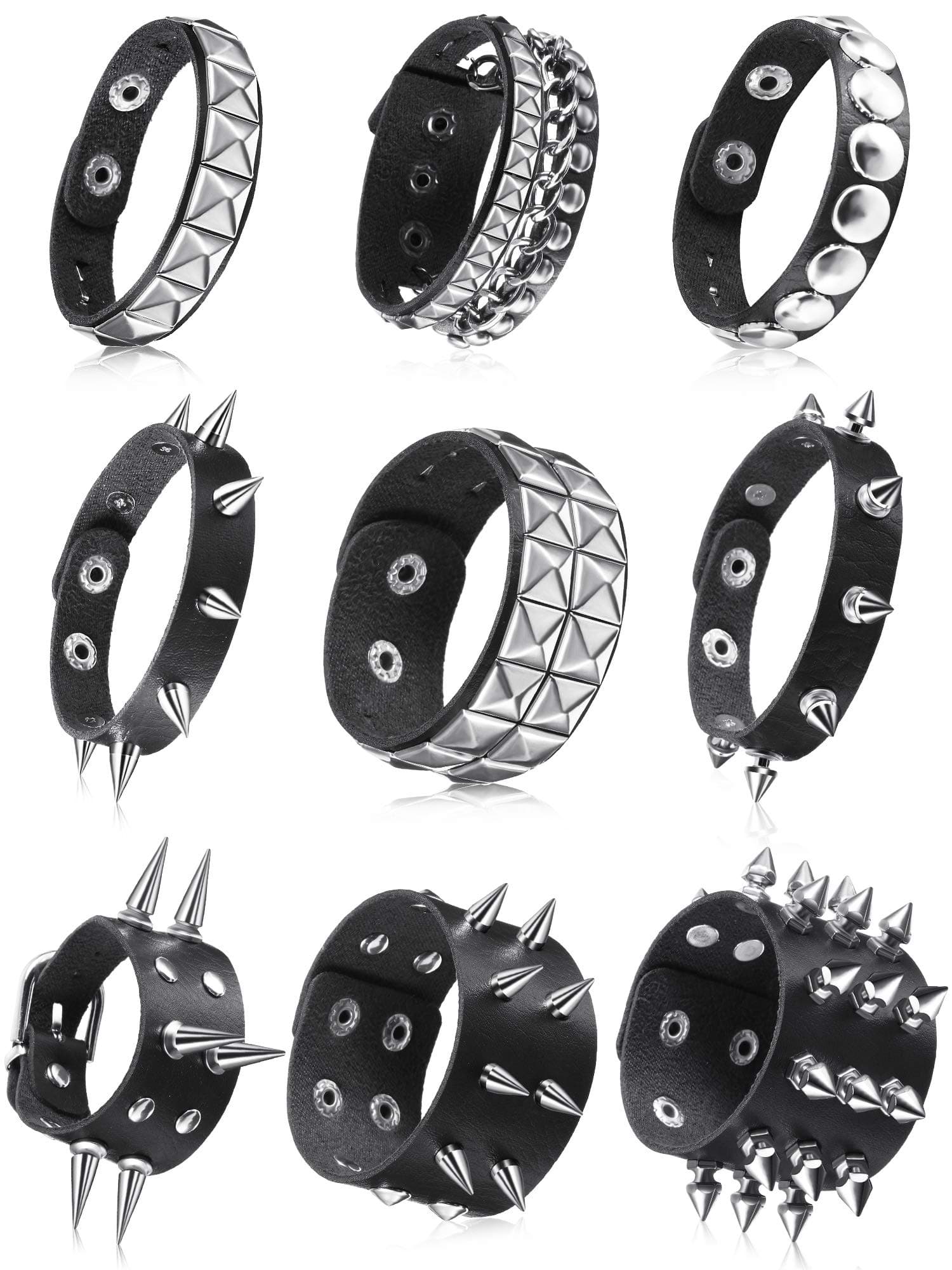 9 Pieces Punk Faux Leather Bracelet Spike Rivet Cuff Wrap Bangle Wide Snap Button Bracelets Metal Studded Wristband for Halloween