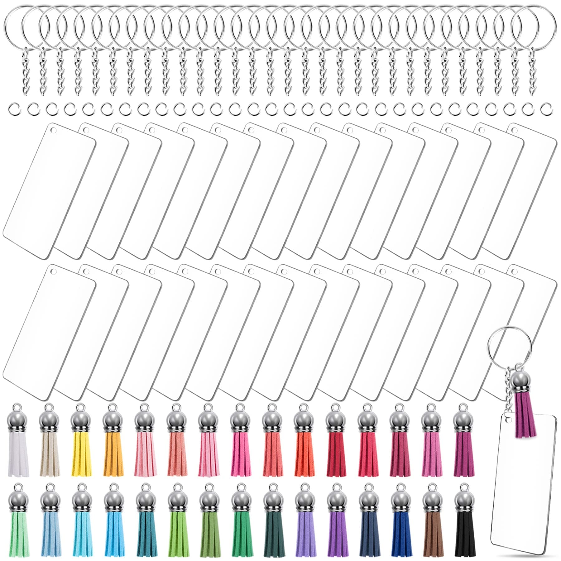 Duufin 120 Pcs Acrylic Keychain Blanks Tassel Set Including 30 Pcs Rectangle Clear Acrylic Blank (3 x 7cm) Key Rings with Chain Keychain Tassels and Jump Rings