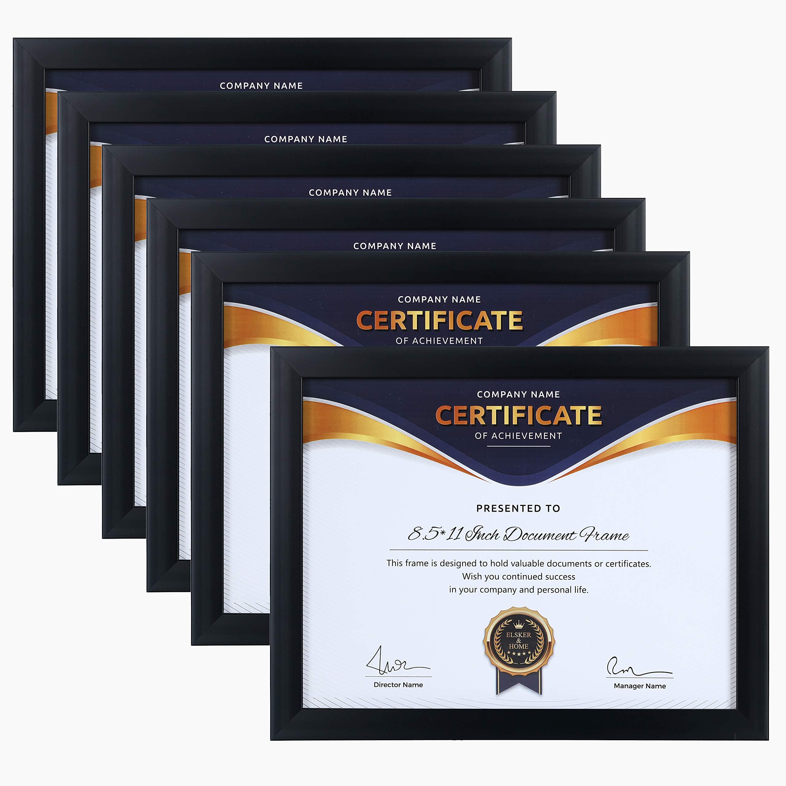 8.5x11 Picture Frame - Certificate Document Frame 6 Pack with Semi-Tempered Glass - Black Sturdy Wood Composite Award Diploma Frame - Includes Hanging Hardware and Desktop Easel