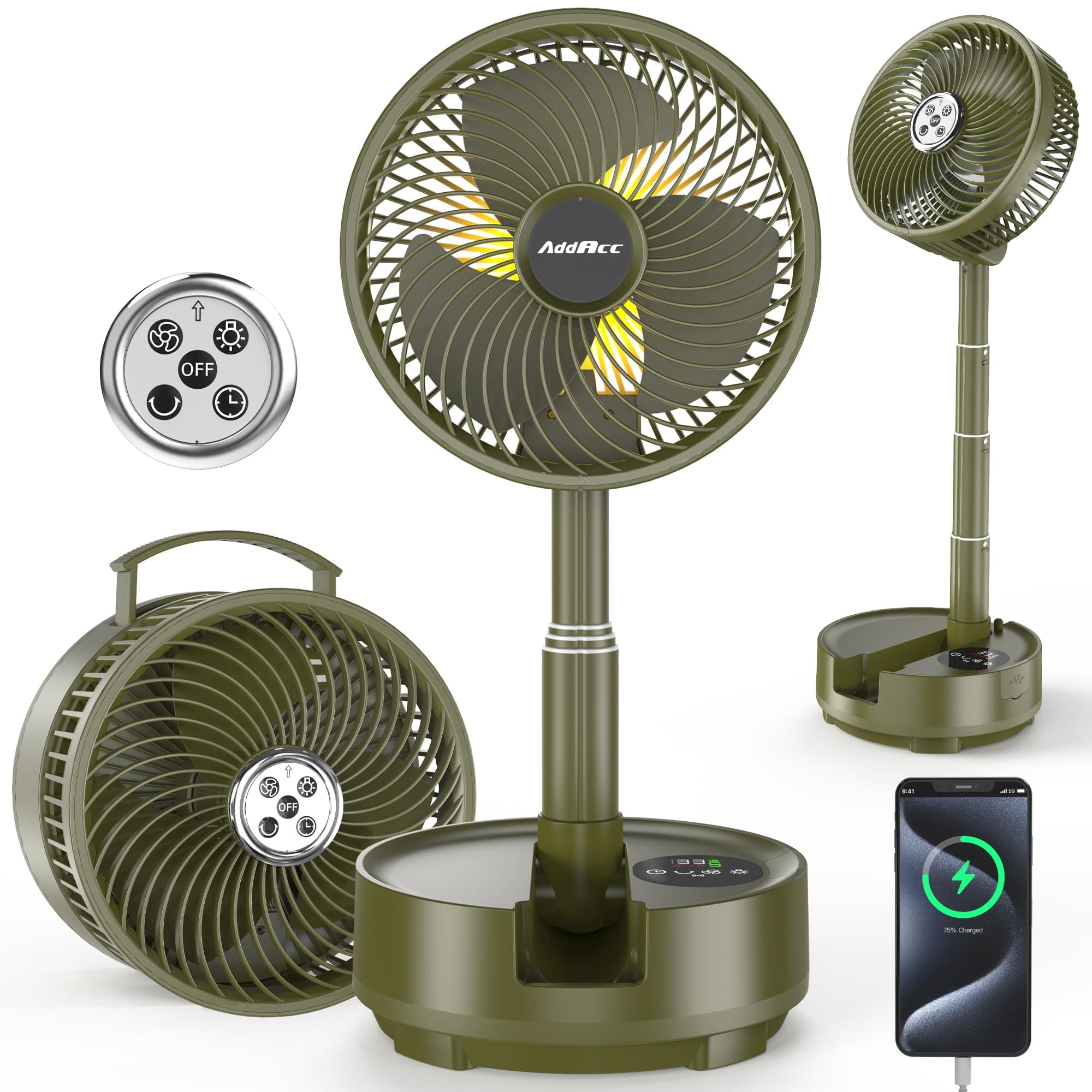 AddAcc 20000mAh バッテリー駆動ファン 充電式ポータブルファン 112時間稼働 リモコンで9段階振動 バッテリー駆動 タイマー&ライト付き トラベル クルーズ 必需品 RV 屋外停電