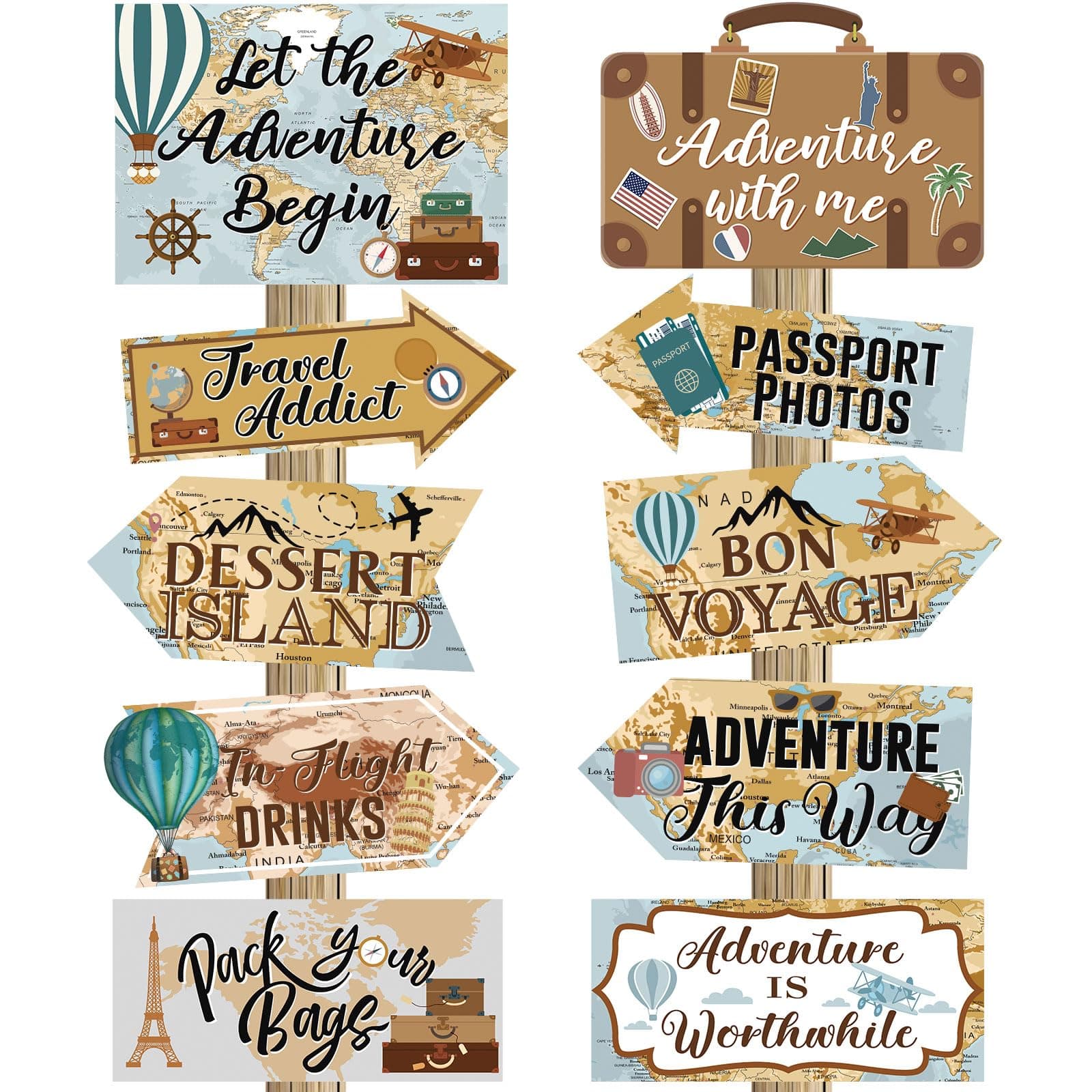 20 Pcs Travel Themed Party Decorations Set Let The Adventure Begin Sign Adventure Signs Bon Voyage Party Decorations for Birthday Baby Shower Travel, 11 x 8 Inch, 11 x 5 Inch (Vintage)