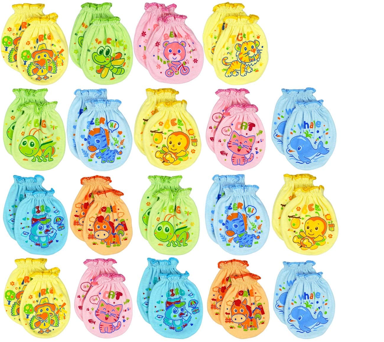 12 Pairs Unisex-Baby No Scratch Mix Colors Assorted Mittens, 100% Cotton, Assorted Animals