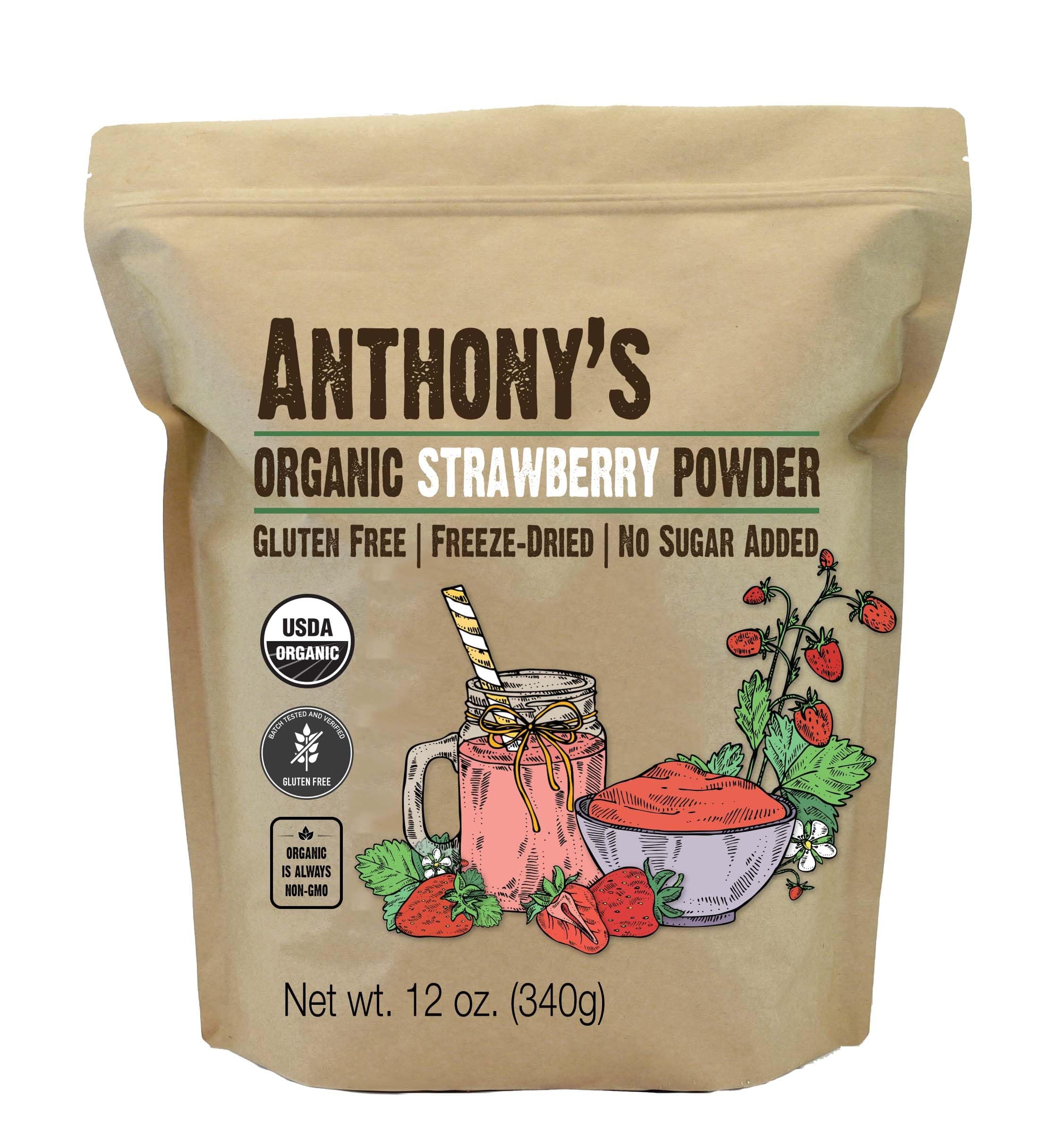 Organic Strawberry Powder, 12 oz, Freeze Dried, Gluten Free, No Sugar Added, Non GMO